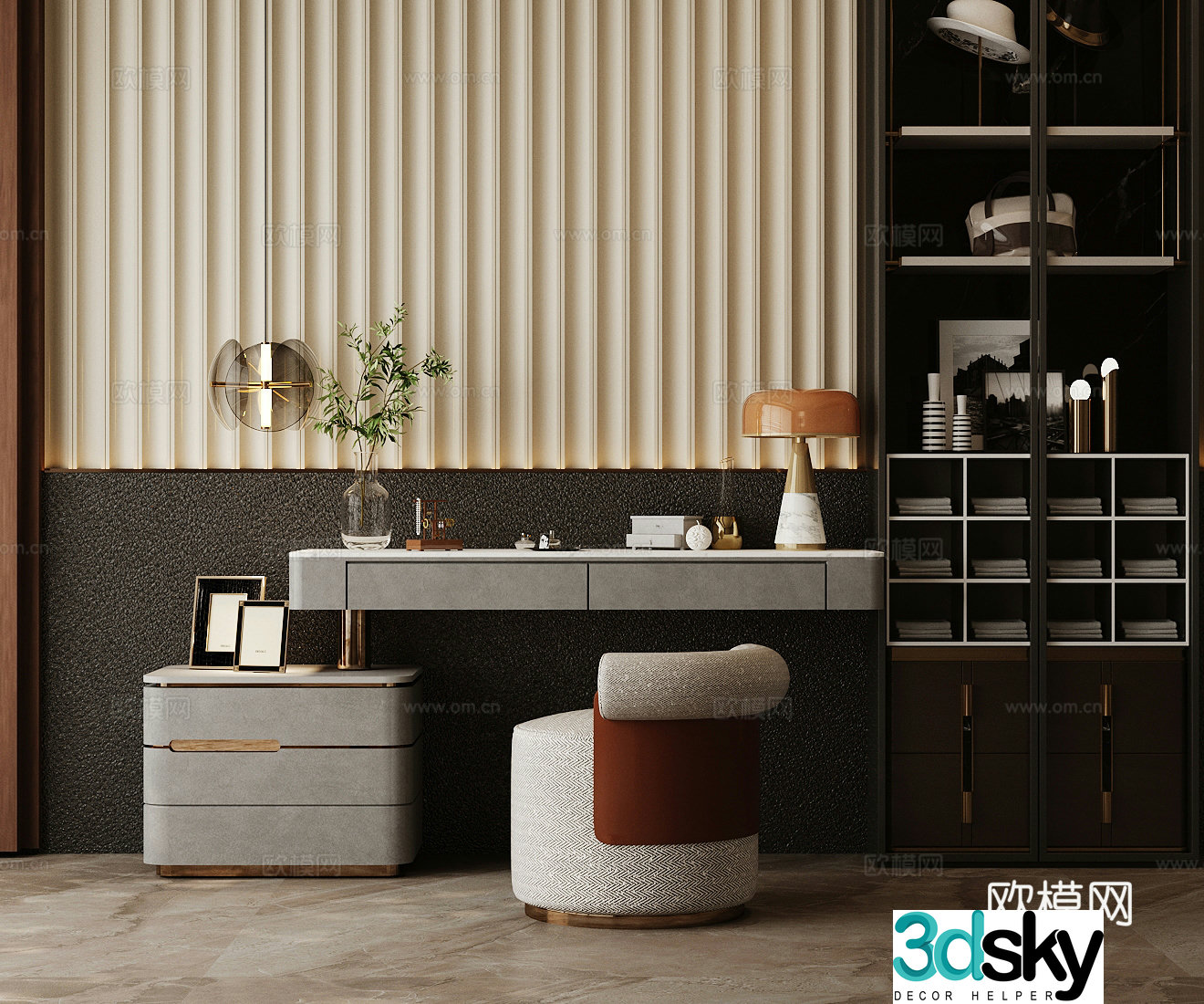 Modern Italian dressing table light luxury dressing table makeup table makeup stool combination makeup mirror wardrobe 3D model