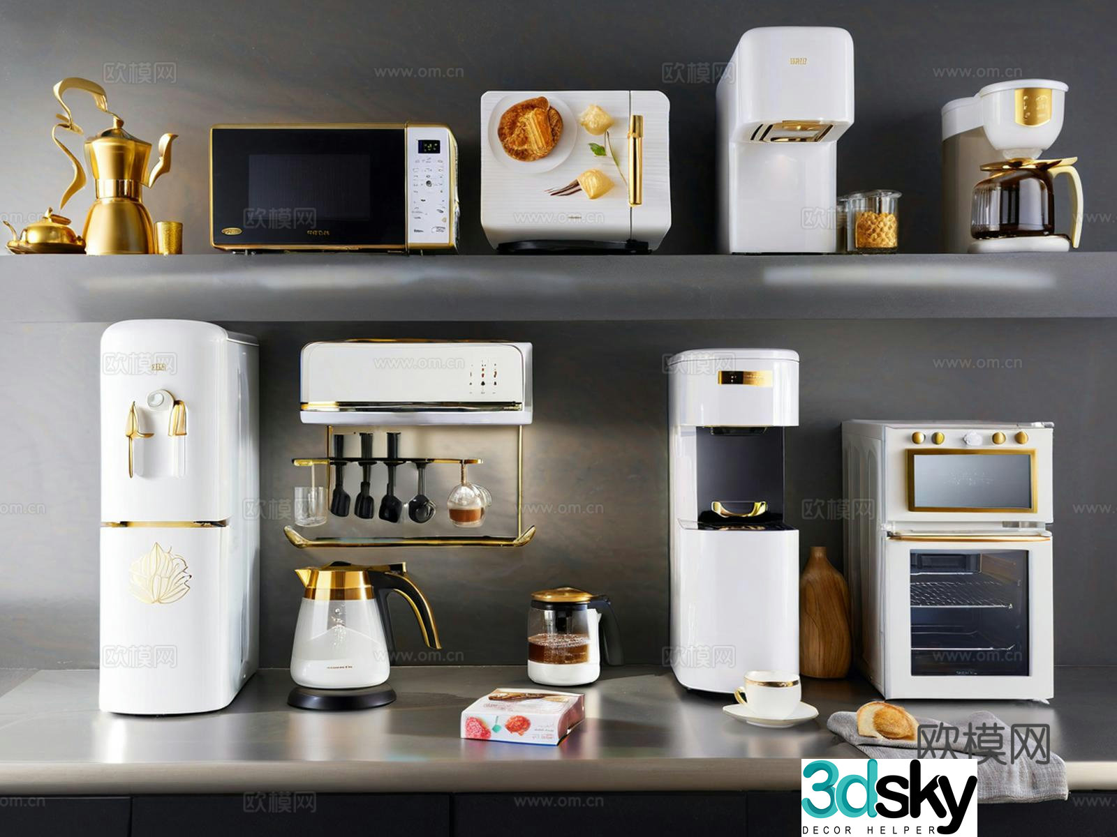 Kitchen supplies Kitchen appliances Coffee machine Water dispenser Microwave oven Electric cooker Bread 3D model