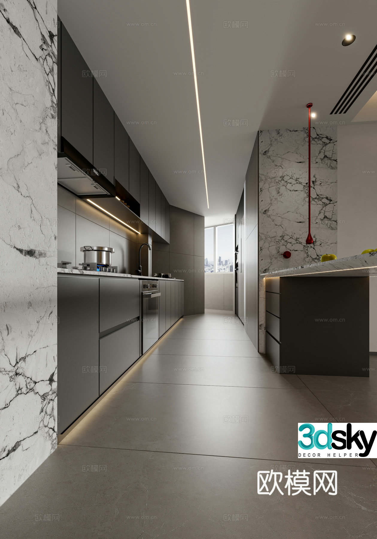 Dark open kitchen island kitchen 3d model