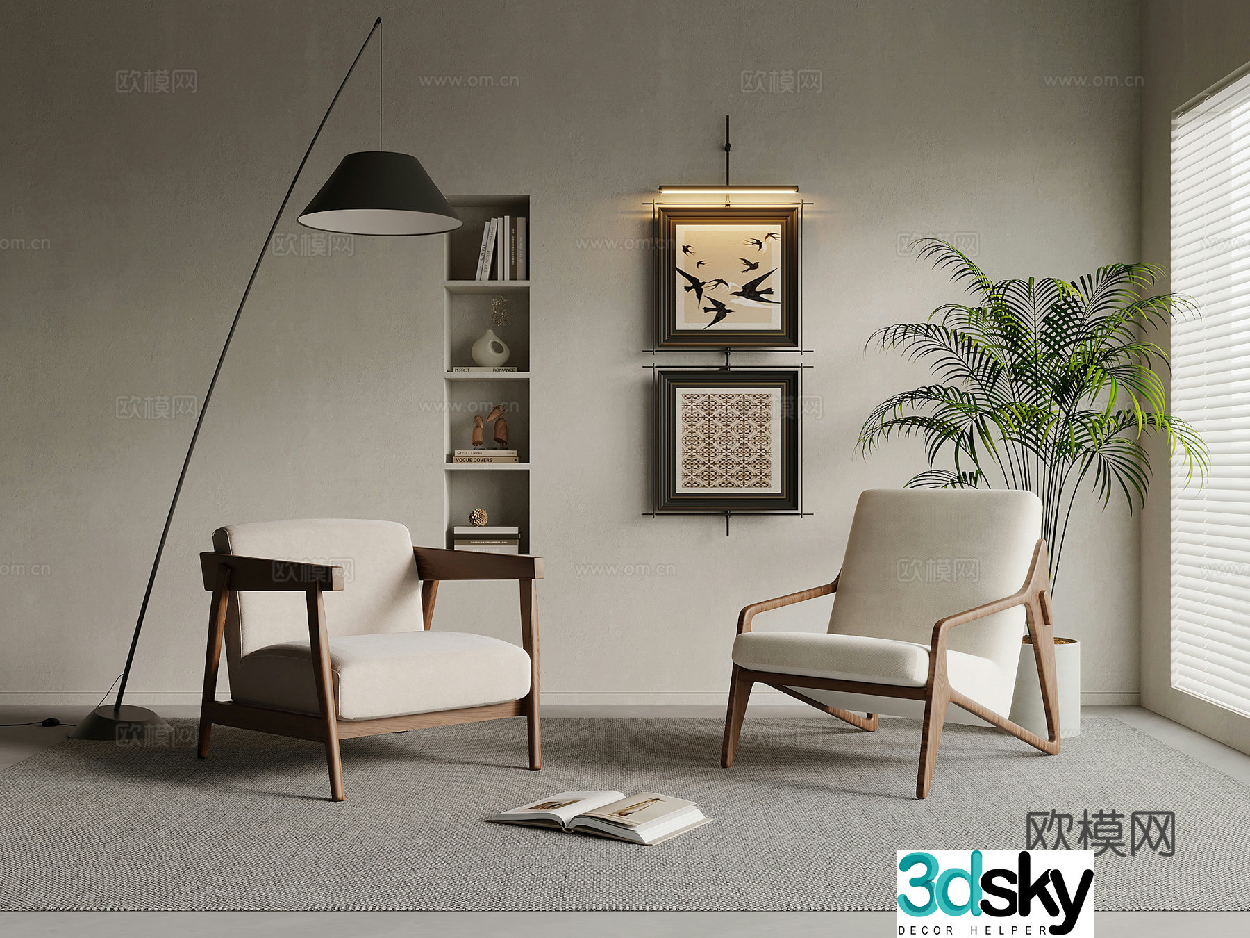 Medium style leisure chair single sofa floor lamp 3d model