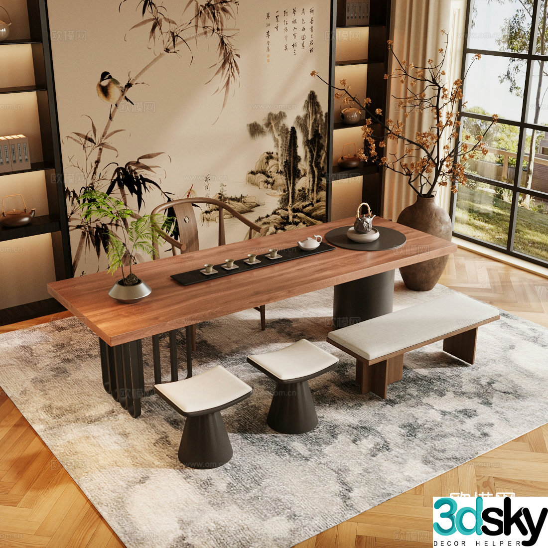 New Chinese style Zen tea room solid wood tea table and chair combination solid wood tea table and chair tea room cabinet tea room background 3D model