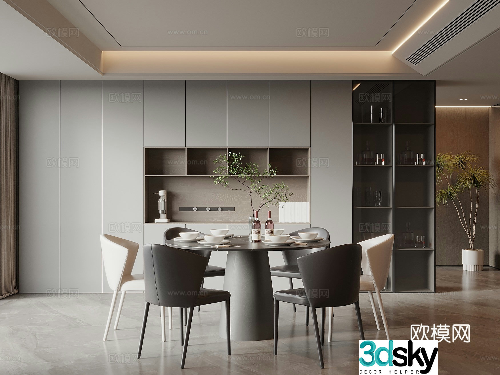 Modern cream style restaurant dining table and chair combination restaurant chandeliers wine cabinet sideboard 3D model
