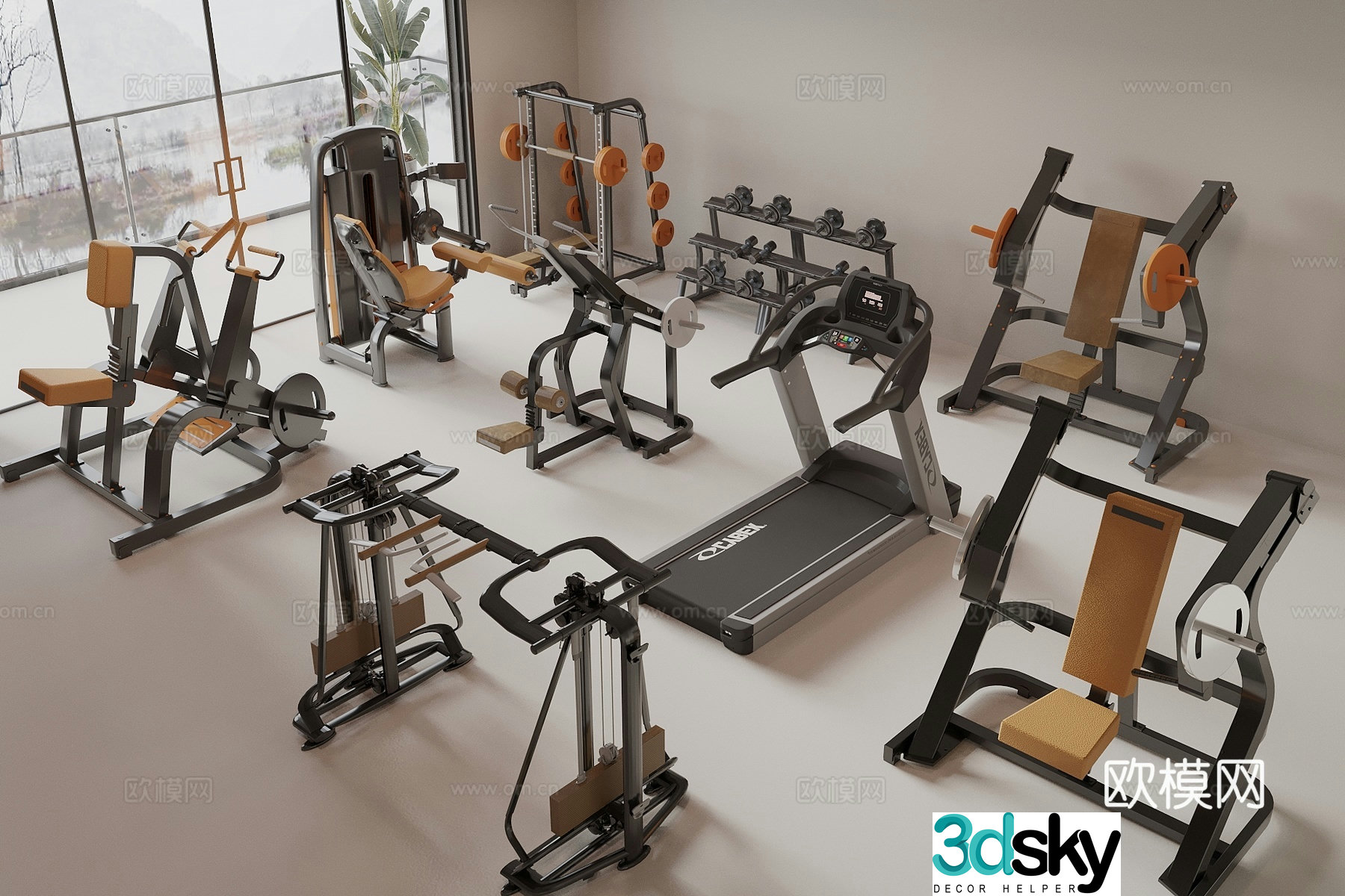 Modern style fitness equipment, dumbbells, spinning bikes, treadmills, multifunctional fitness equipment 3D model