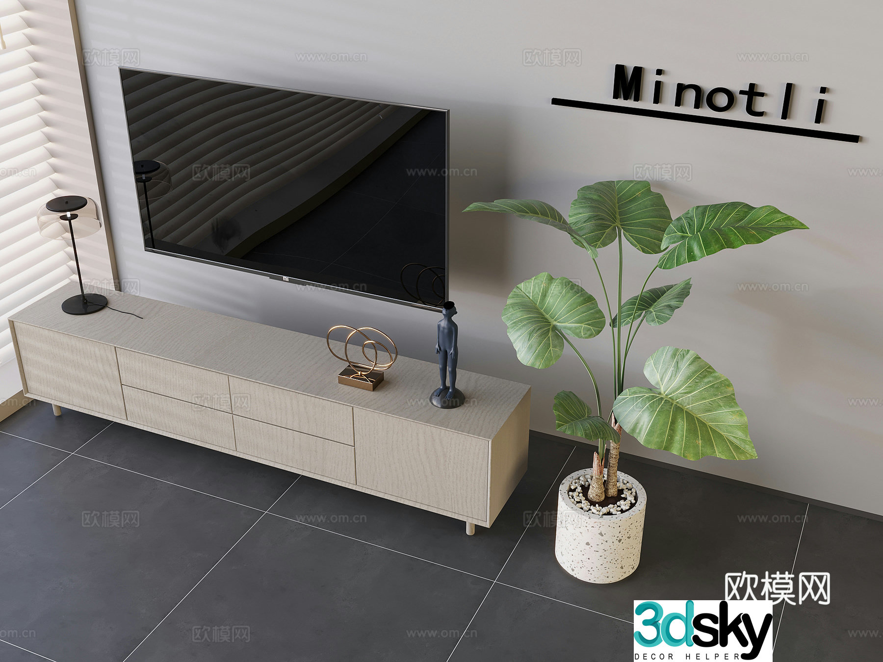 Nordic solid wood TV cabinet floor-standing drawer TV cabinet laser high-definition TV table lamp green plant pot 3D model