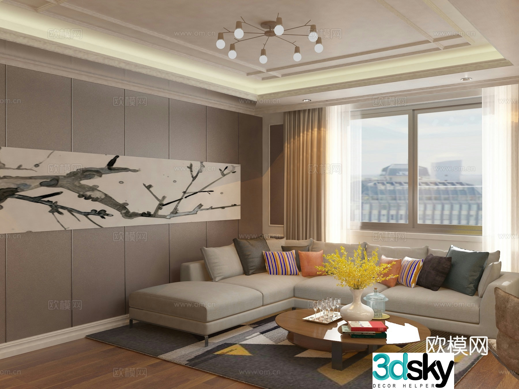 Modern living room TV background wall sofa coffee table combination wall panel 3d model