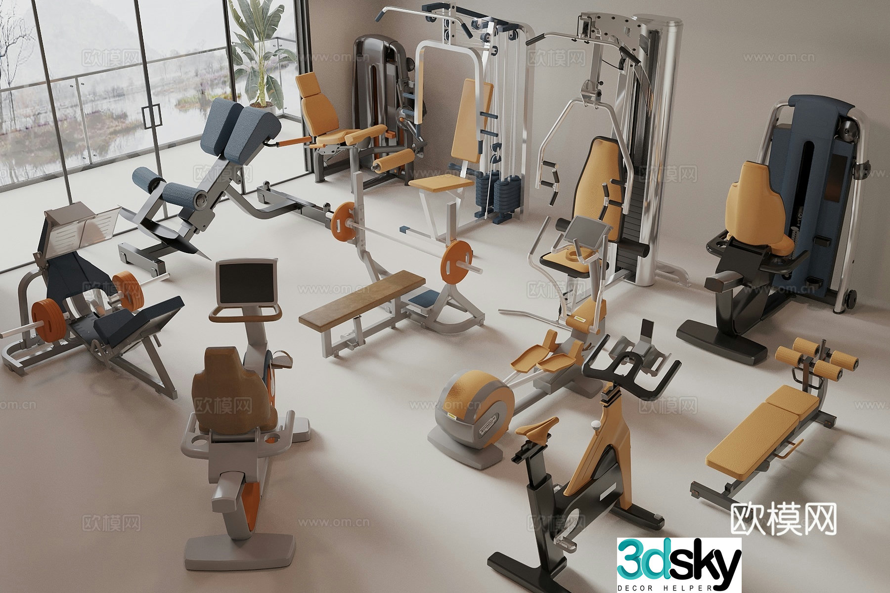 Modern style fitness equipment, dumbbells, spinning bikes, treadmills, multifunctional fitness equipment 3D model