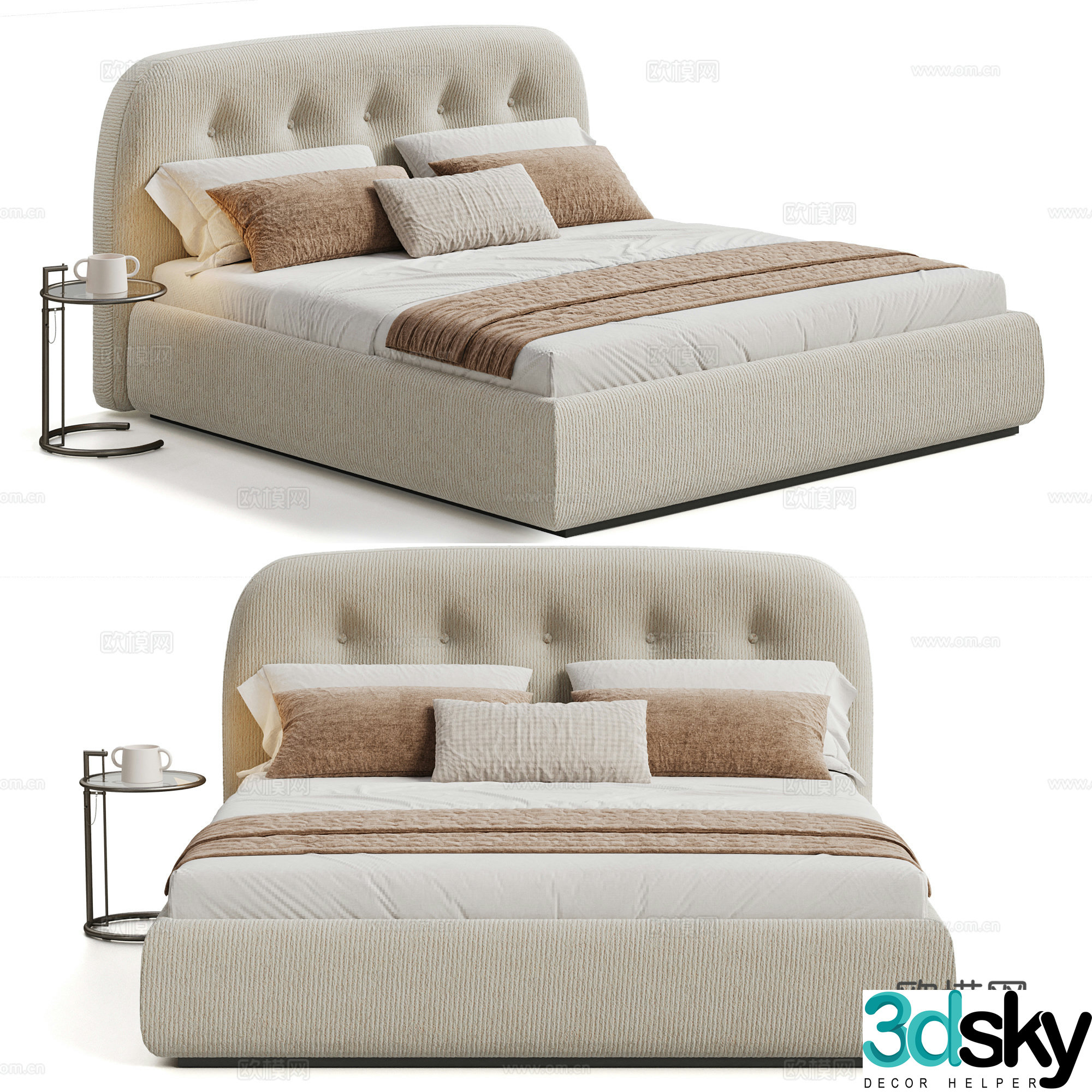 Modern cream style double bed Nordic double bed Cream style fabric double bed Chenille fabric 3D model