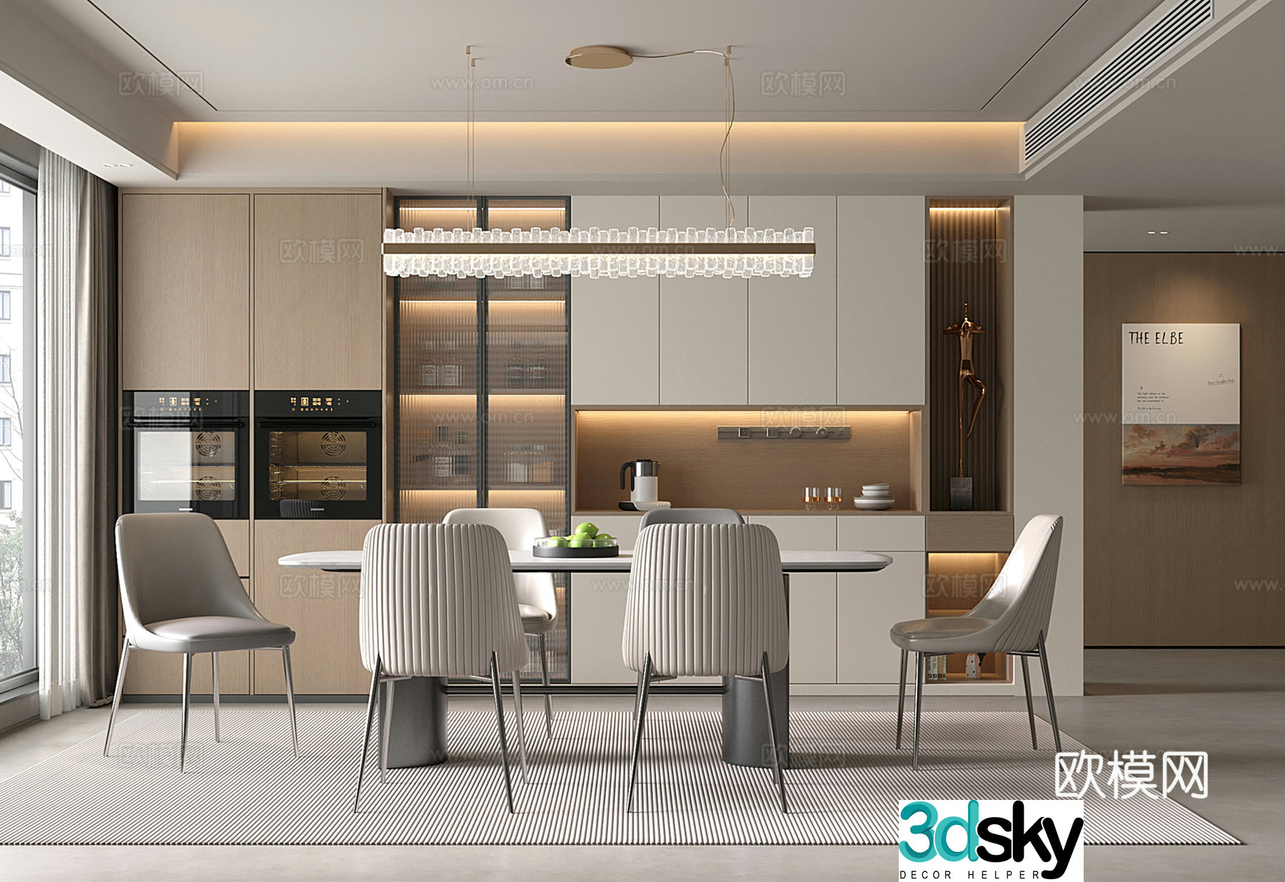 Modern restaurant dining table and chair wine cabinet chandeliers 3d model