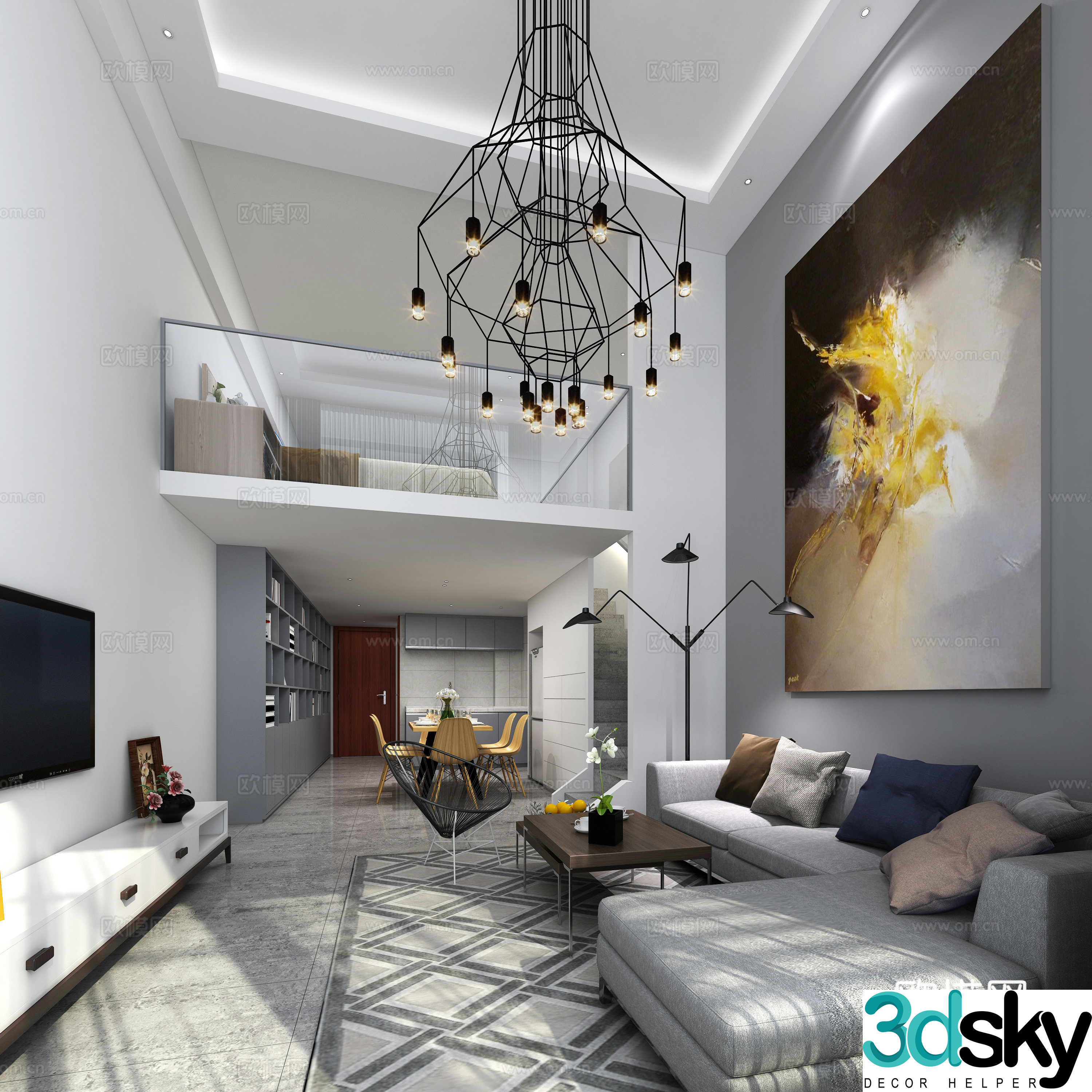 Modern Nordic duplex apartment chandeliers dining table and chairs sofa coffee table carpet chandeliers 3d model