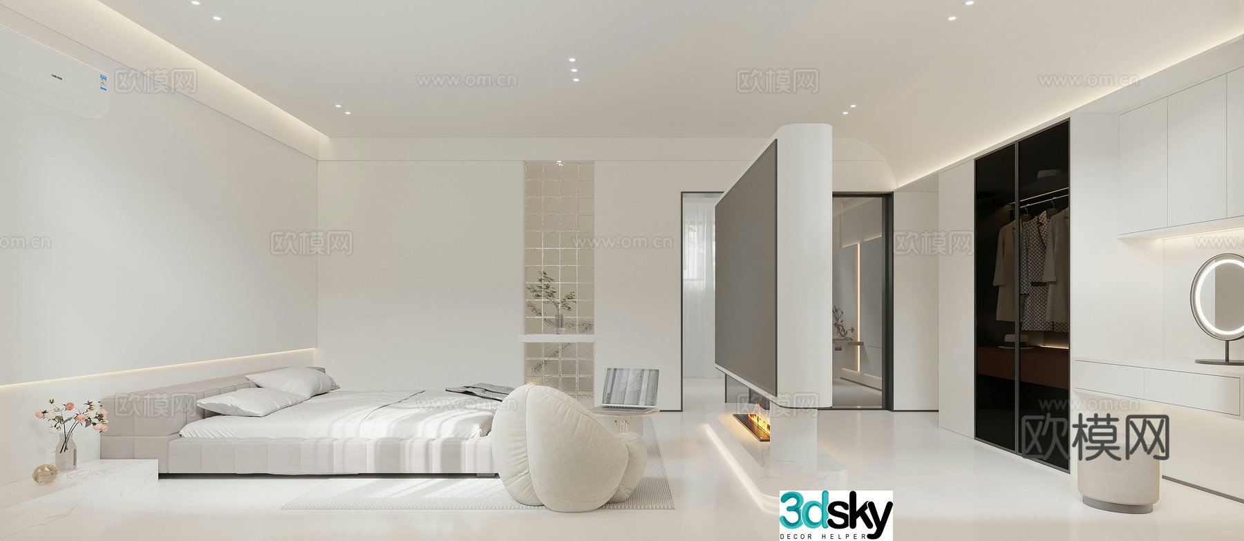 Modern bedroom cloakroom leisure table and chairs tatami bed film and television wall entrance end view 3D model