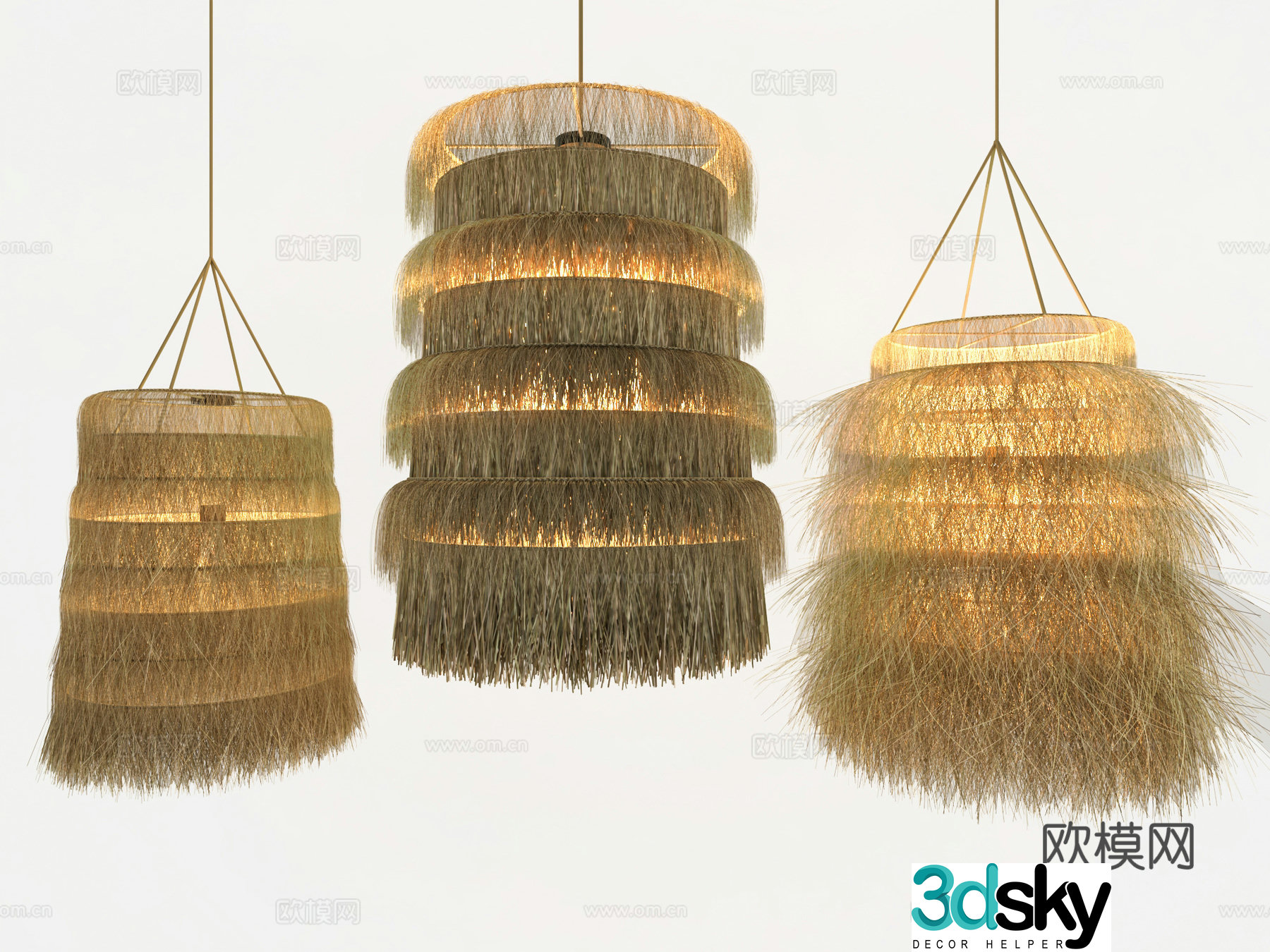 Three 3D models of rattan chandeliers