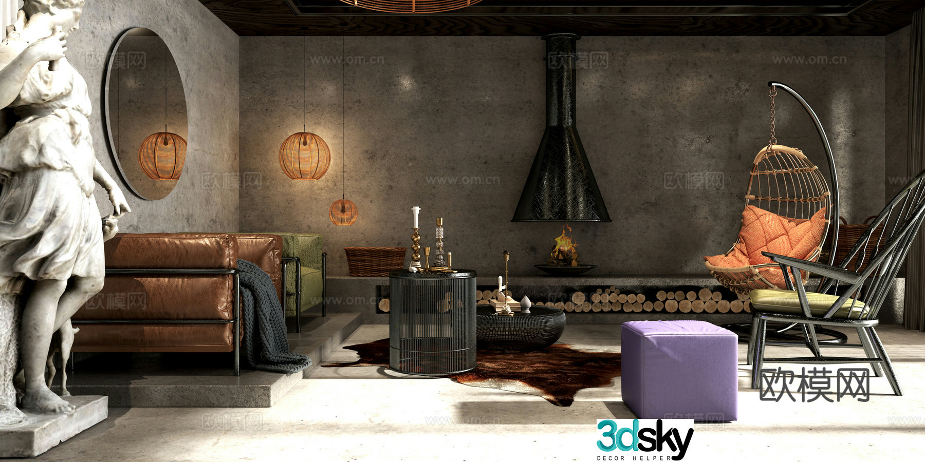 European mixed-match metal hunting style sofa coffee table hanging chair sculpture 3d model