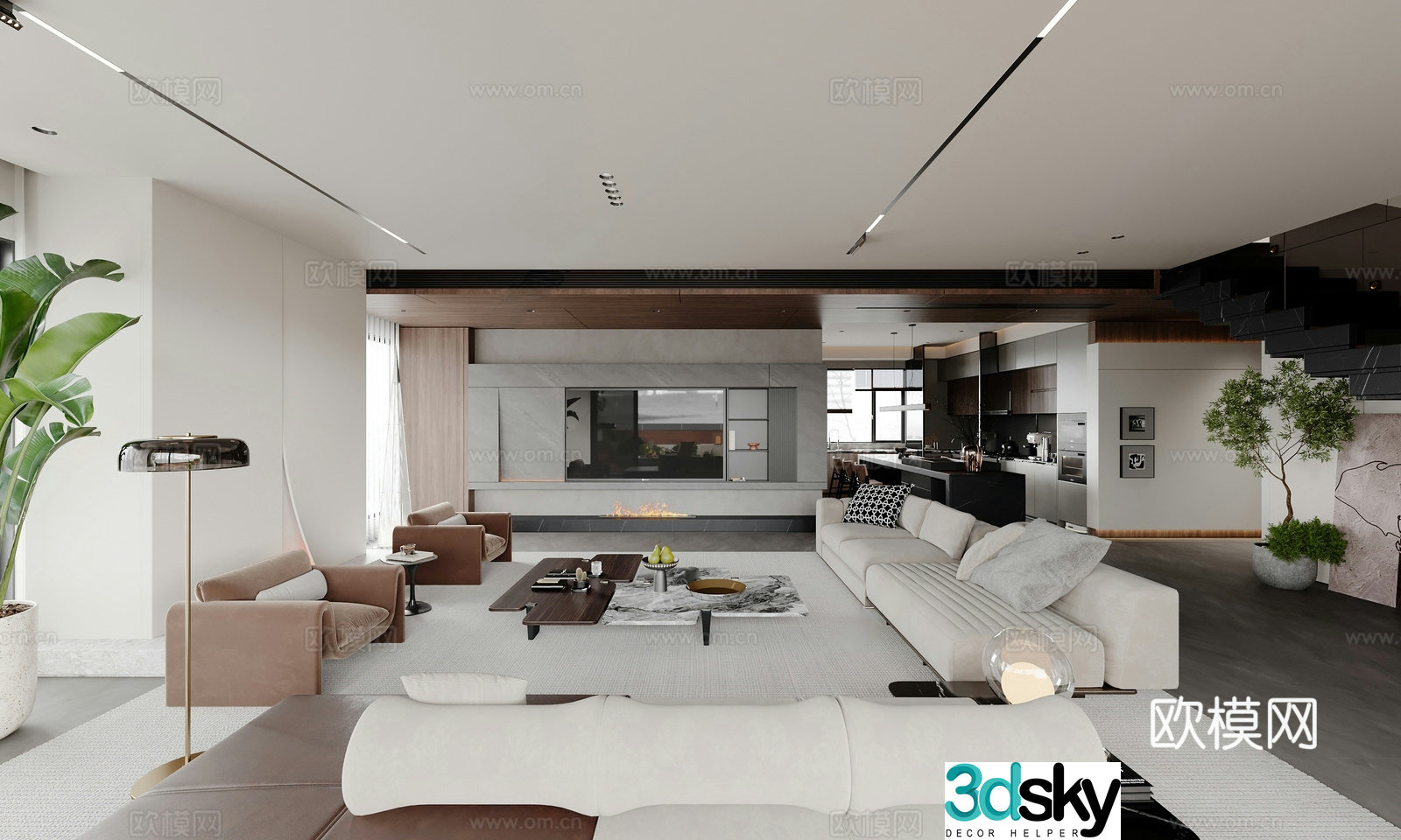 Modern Italian living room large flat living room villa living room horizontal hall sofa and coffee table combination medium 3D model