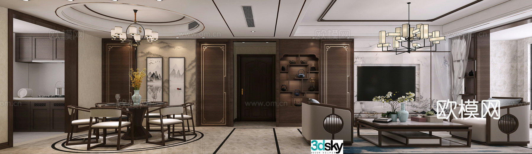 New Chinese style living and dining room chandeliers partition kitchen 3D model