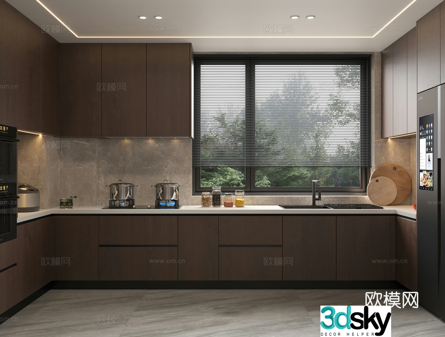 Modern Italian kitchen appliances oven steamer smart refrigerator hidden range hood gas stove sink washing 3D model