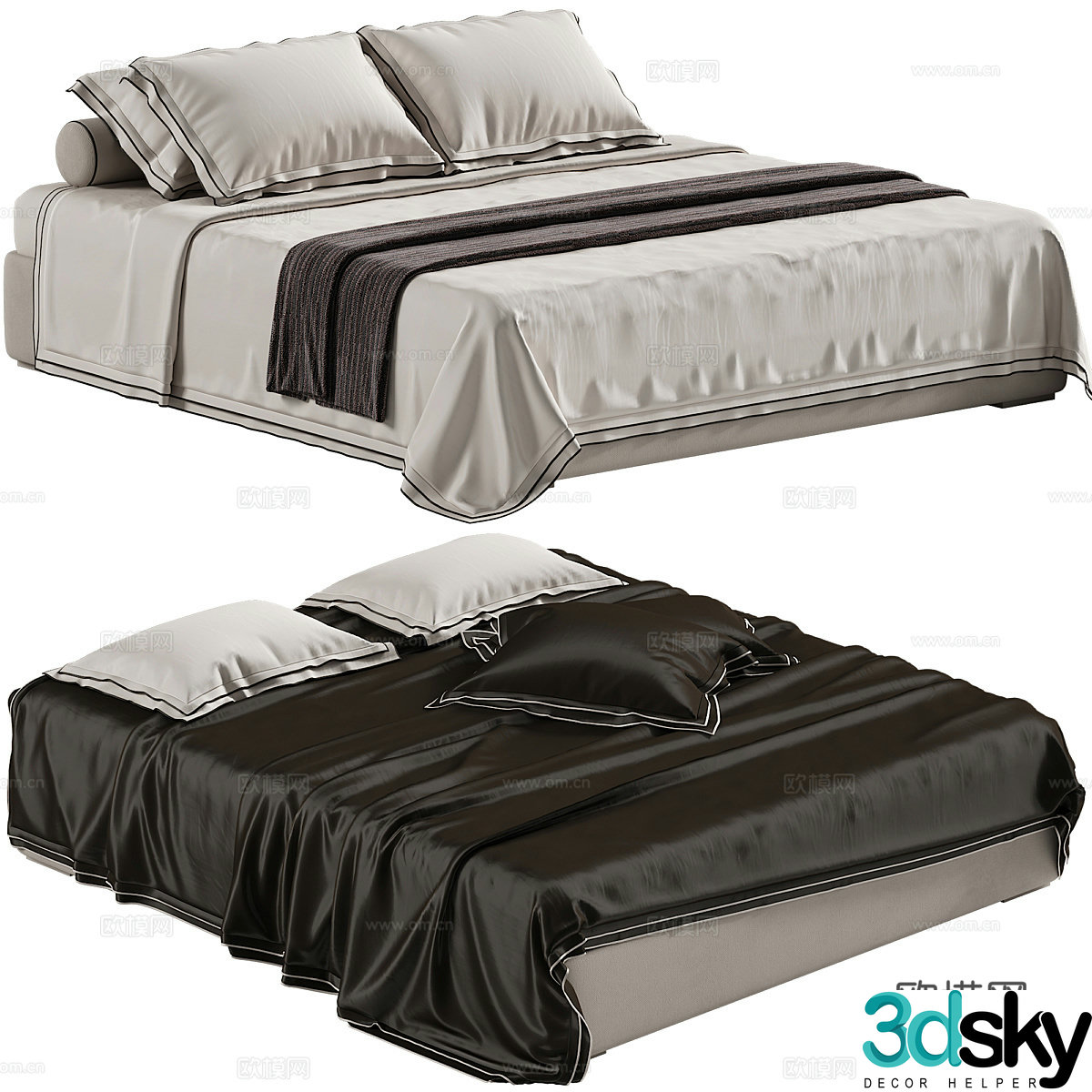 Modern Italian light luxury silk fabric double bed 3D model