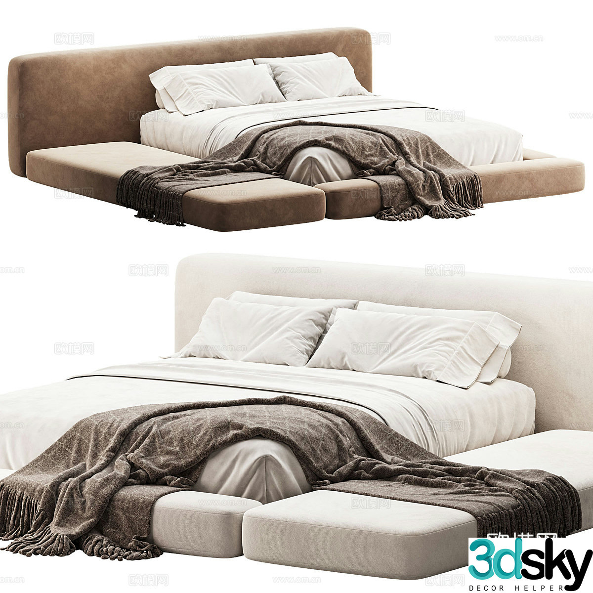 Modern Italian cream style fabric double bed 3d model