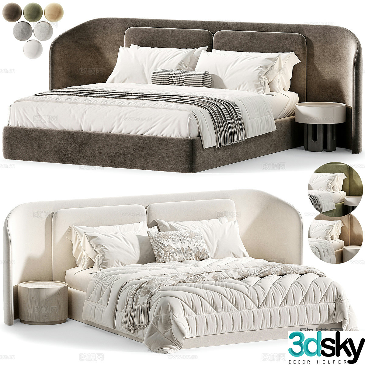 Modern cream style fabric double bed 3d model
