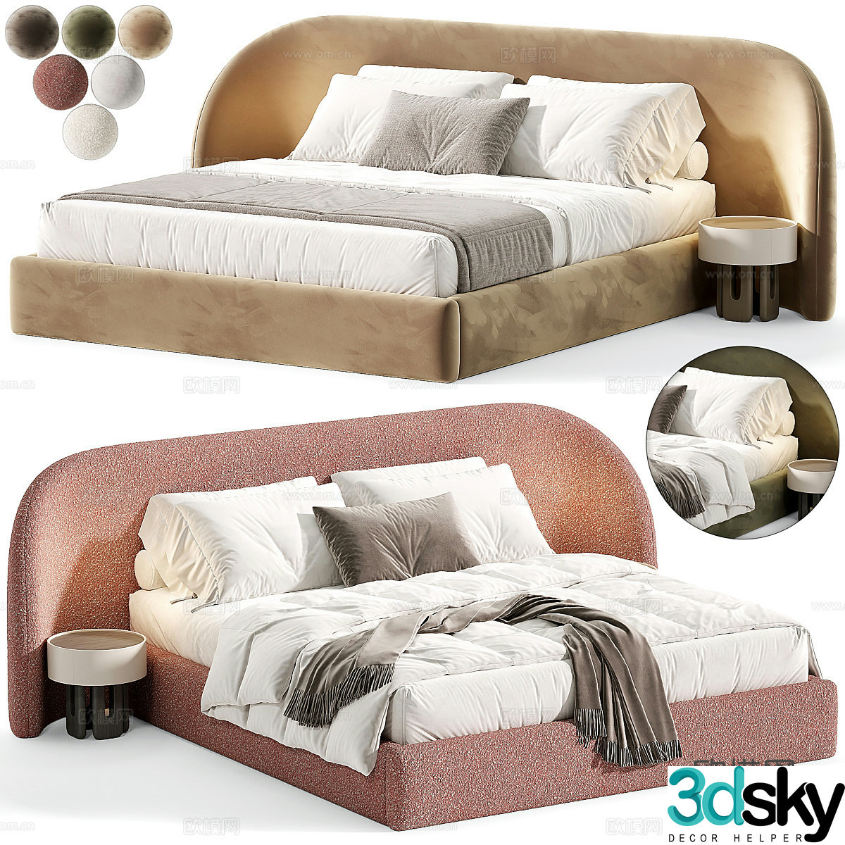 Modern Italian Cream Style Sculpt Fabric Double Bed 3D Model