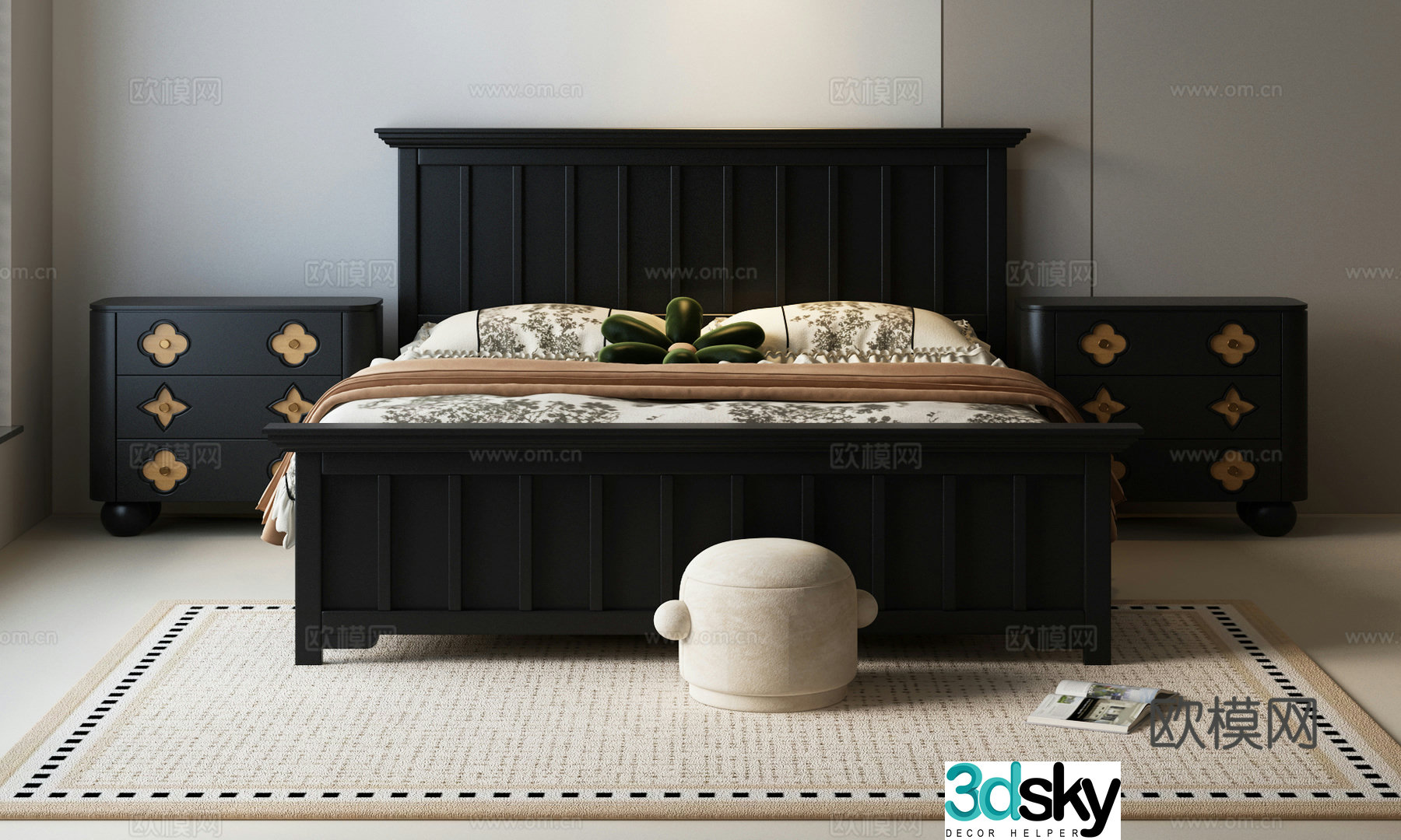 French retro double bed American retro double bed French retro bed nightstand French ancient bed 3D model