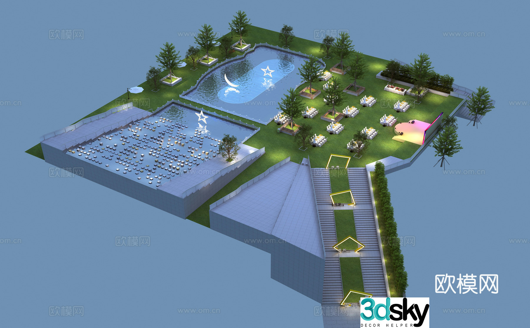 Open-air part party venue event site layout 3D model