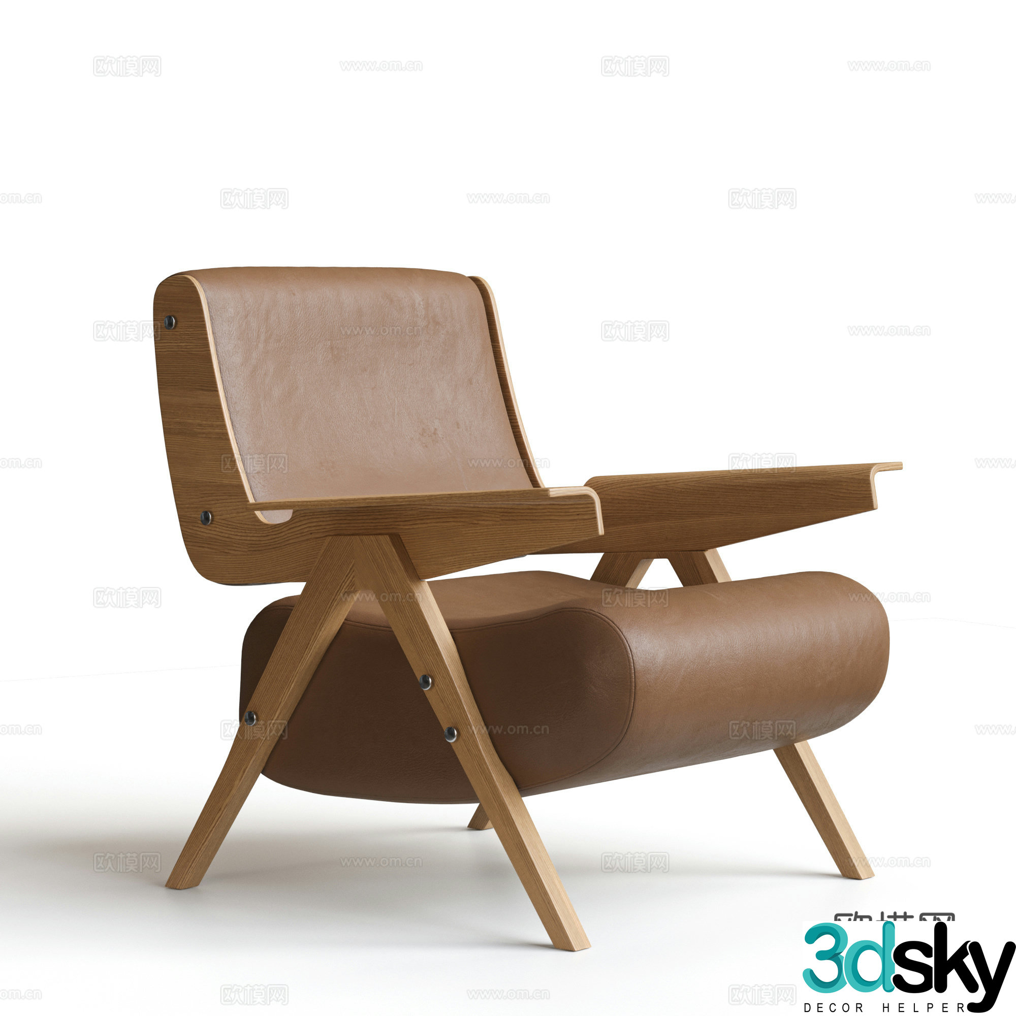 Medium style leisure chair sofa chair leather solid wood sofa chair single sofa 3d model