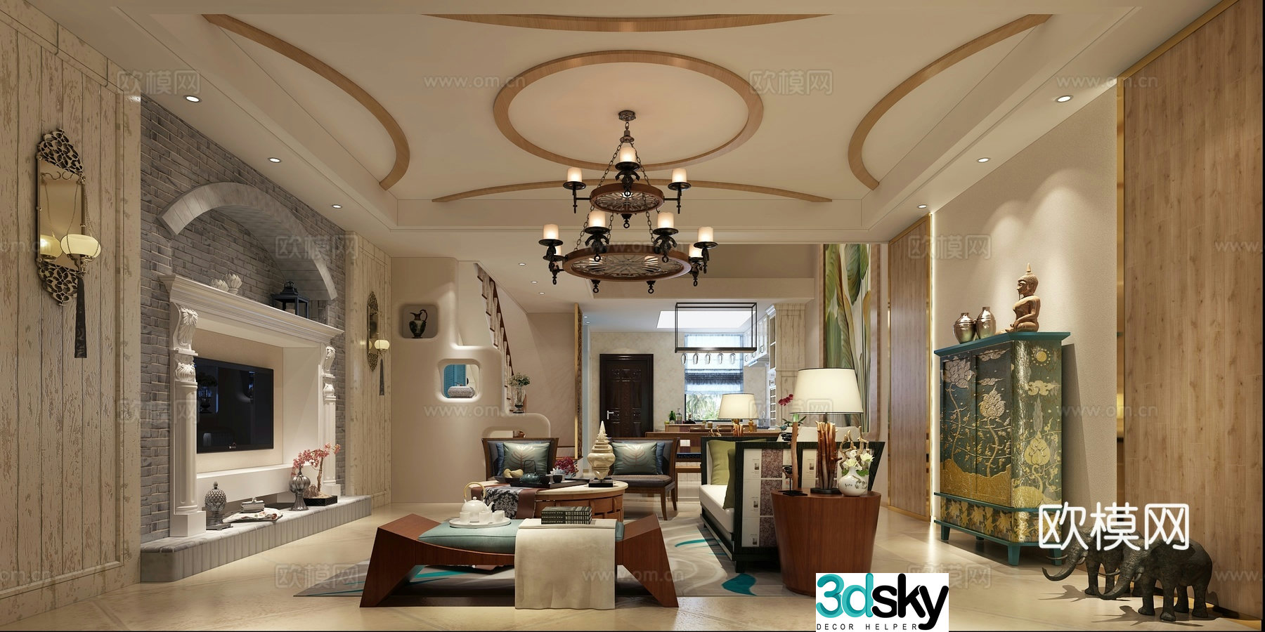 Southeast Asian living restaurant dining table and chair chandeliers hanging painting 3D model