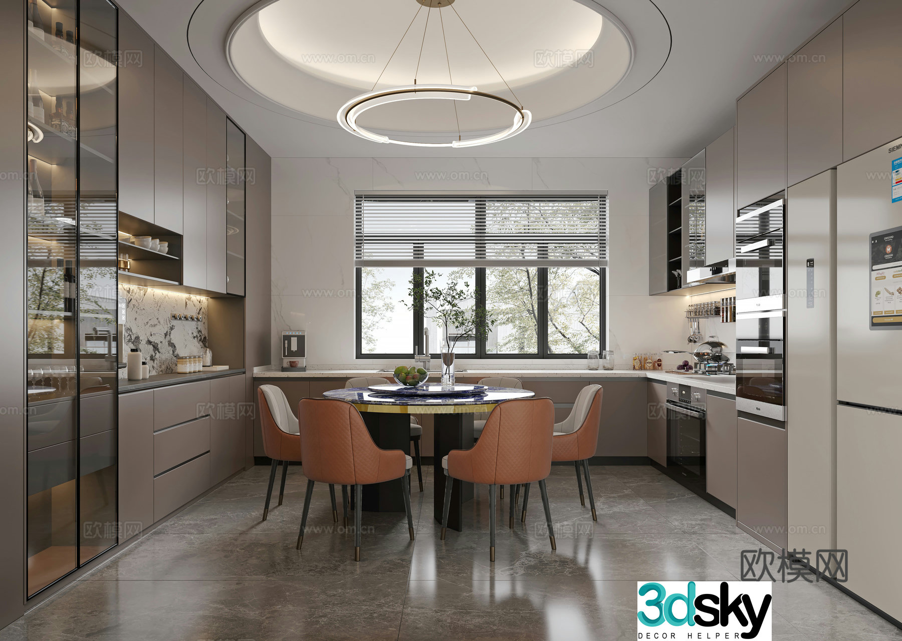 Modern restaurant round dining table chandelier round ceiling wine cabinet 3d model