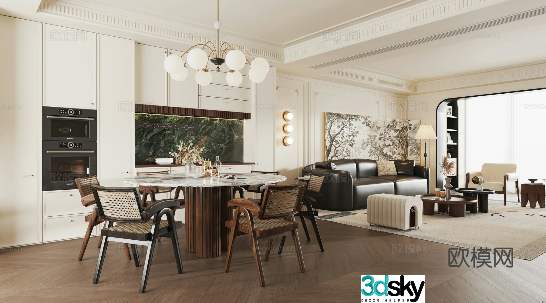 French living and dining room 3d model