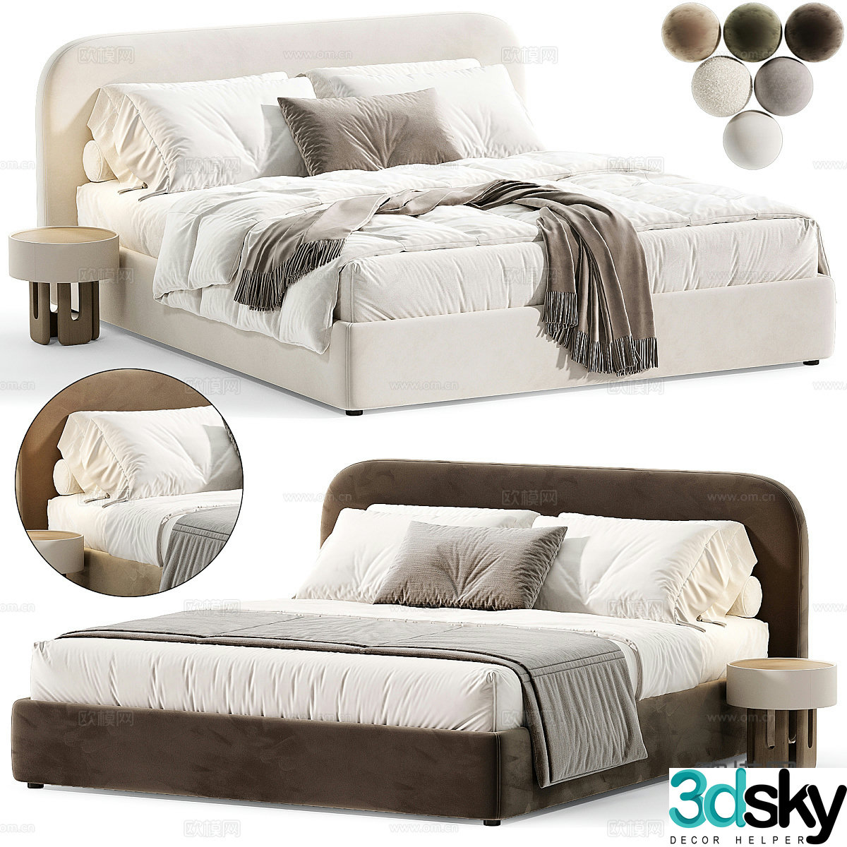 Modern Italian cream style fabric double bed 3d model