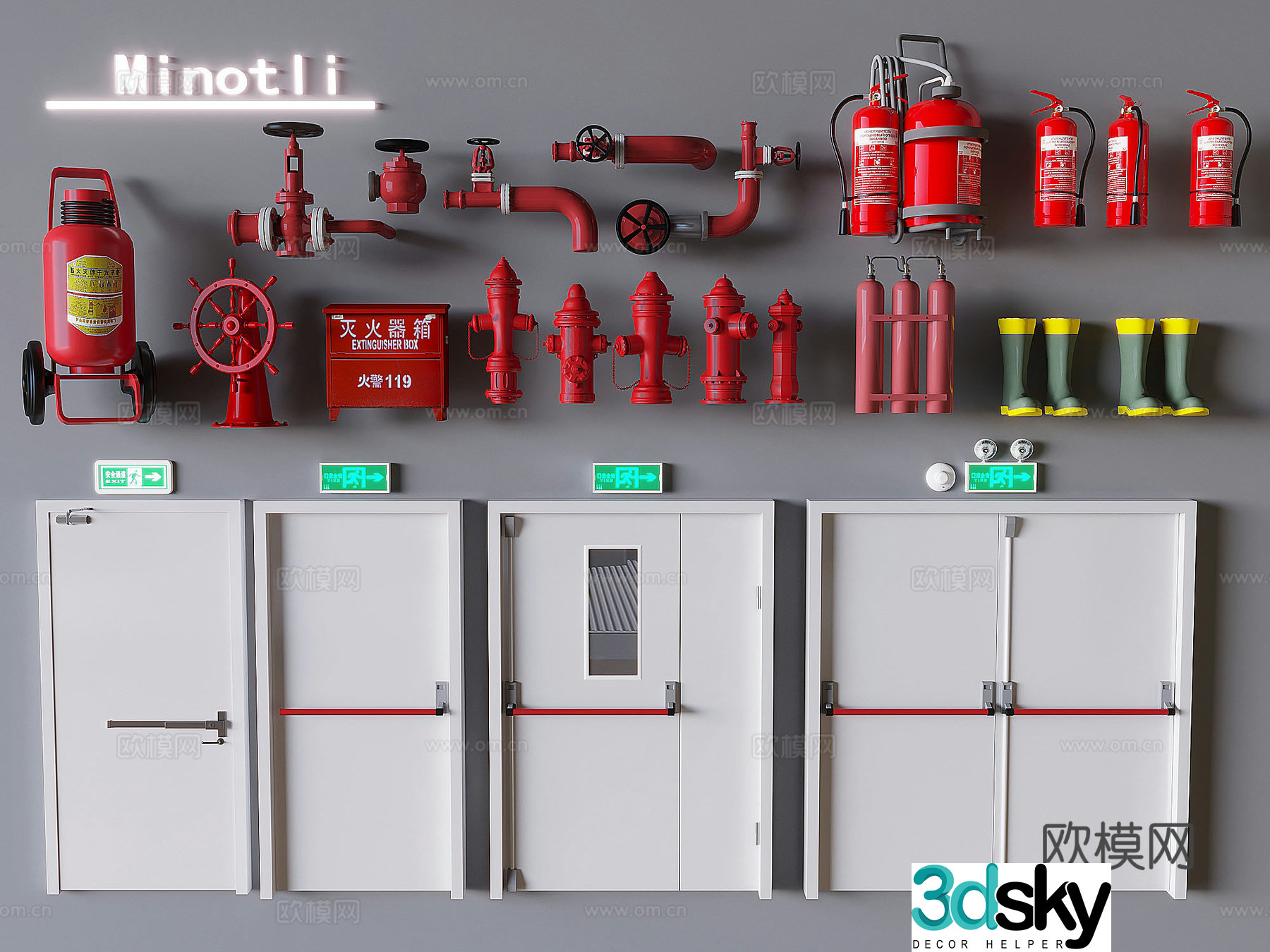 Fire facilities fire equipment fire door fire extinguisher fire hydrant 3d model