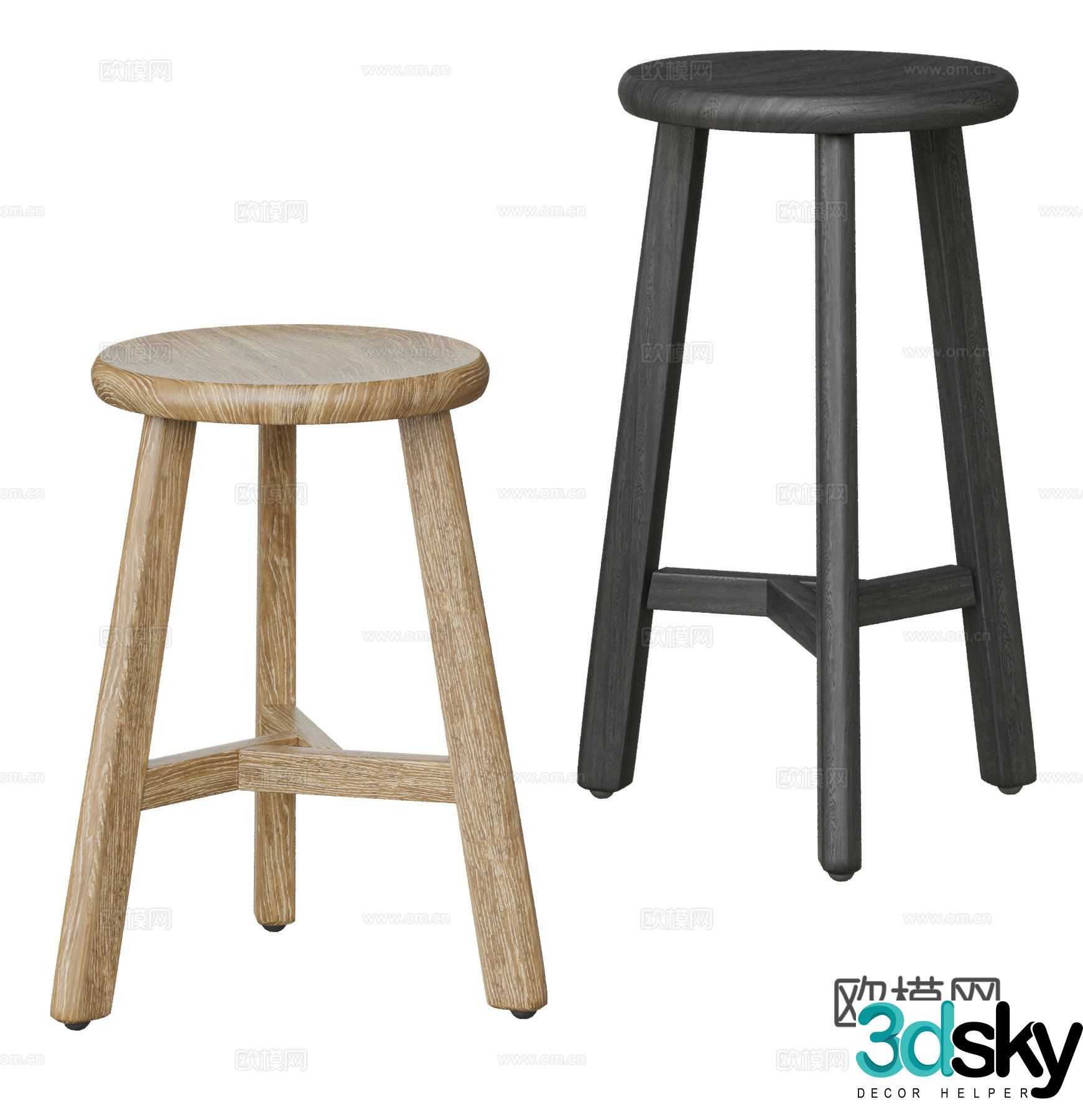 Modern bar stool combination solid wood bar stool bar chair 3D model