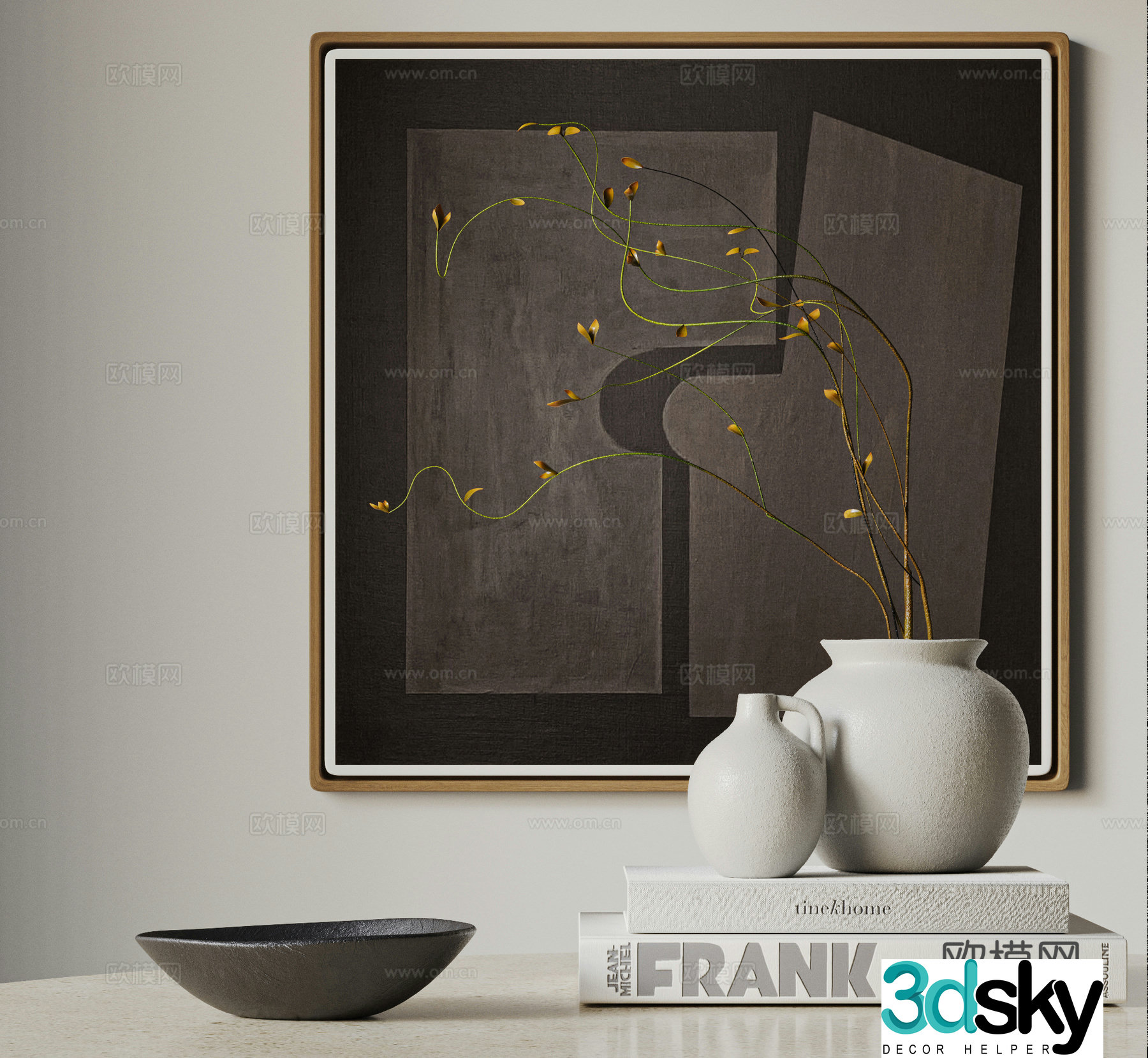 Modern ceramic vase dry branches hanging paintings books ornaments decorations Wasabi ornaments 3D model