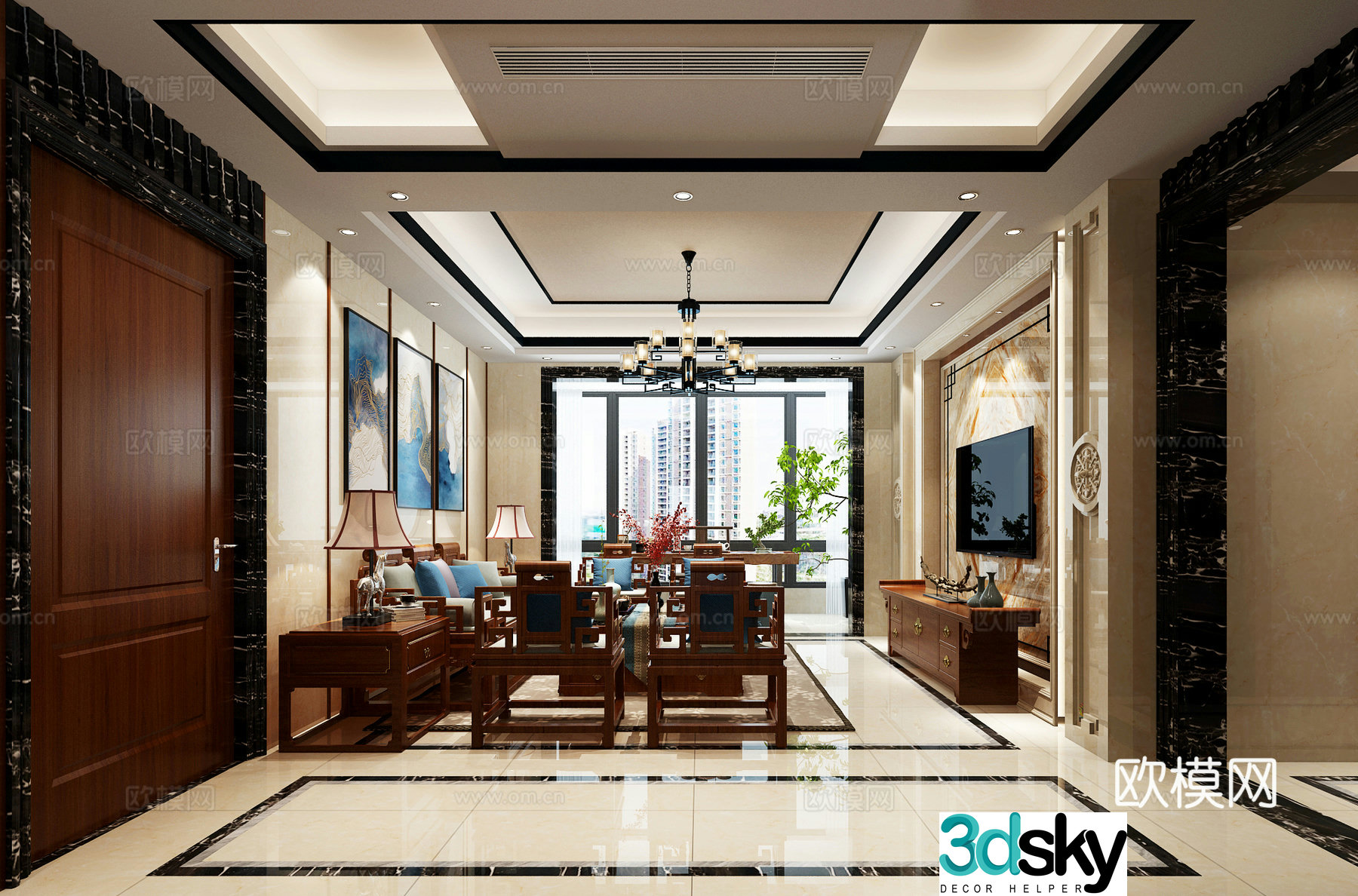 Chinese classical living restaurant mahogany furniture Chinese wine cabinet round table tea table 3D model