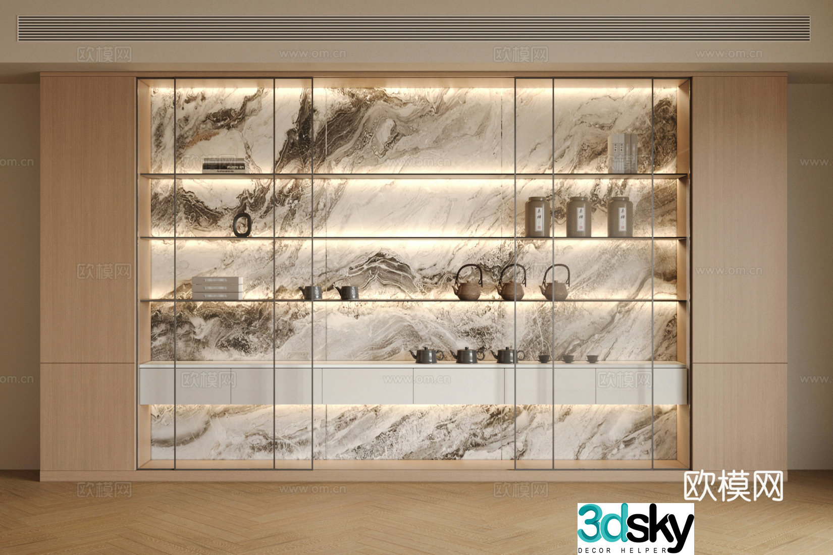 Light luxury Italian decorative cabinet Marble decorative cabinet Open decorative cabinet Bookcase Glass storage cabinet 3D model