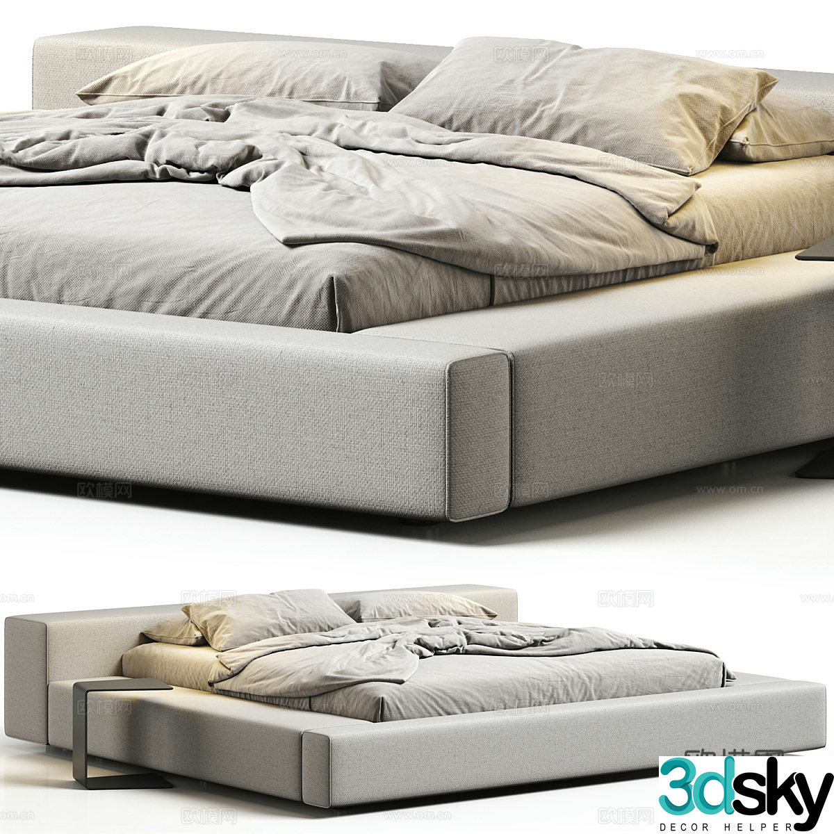 Modern Italian minimalist fabric double bed 3D model