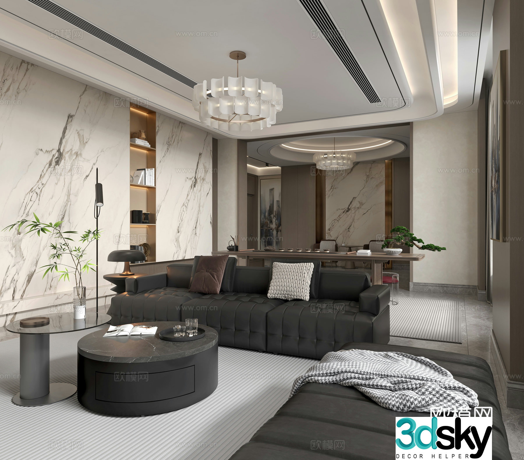 Modern living room Villa living room Black leather sofa Chandelier 3d model