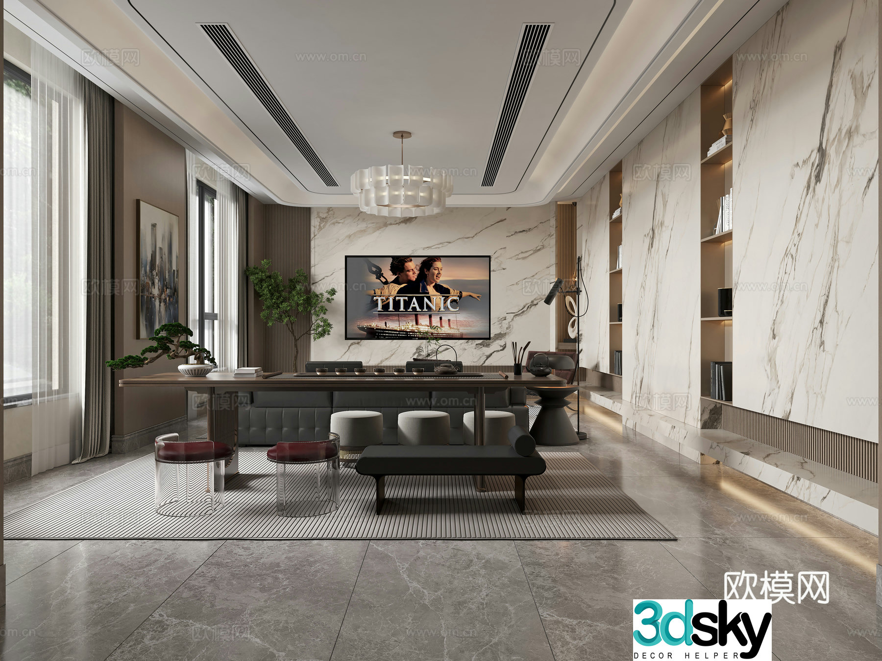 Modern living room tea table chandelier TV background wall 3d model