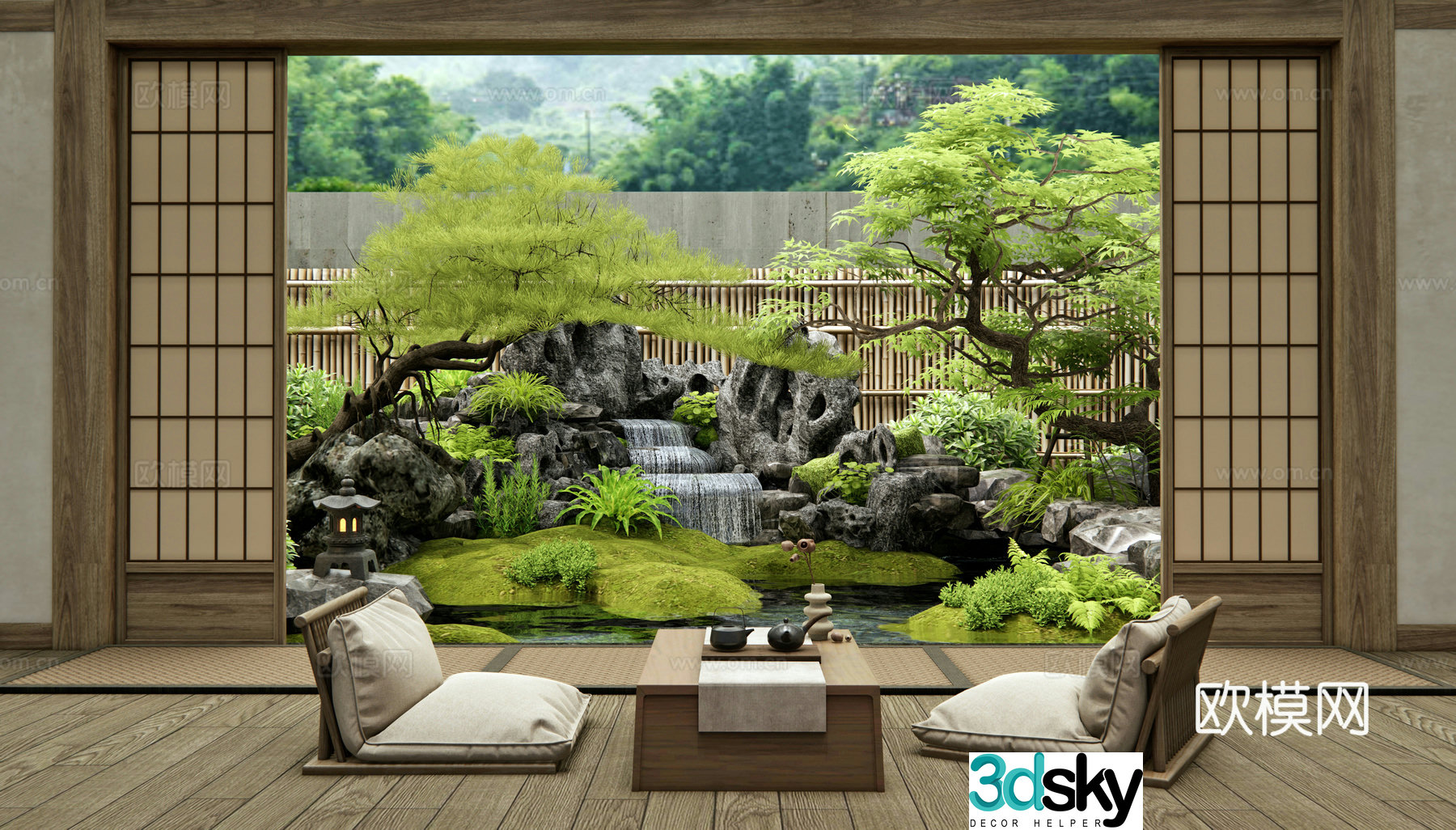 Japanese-style courtyard landscape rockery waterscape tea table and chairs waterscape landscape stone plant landscape pine tree 3d model
