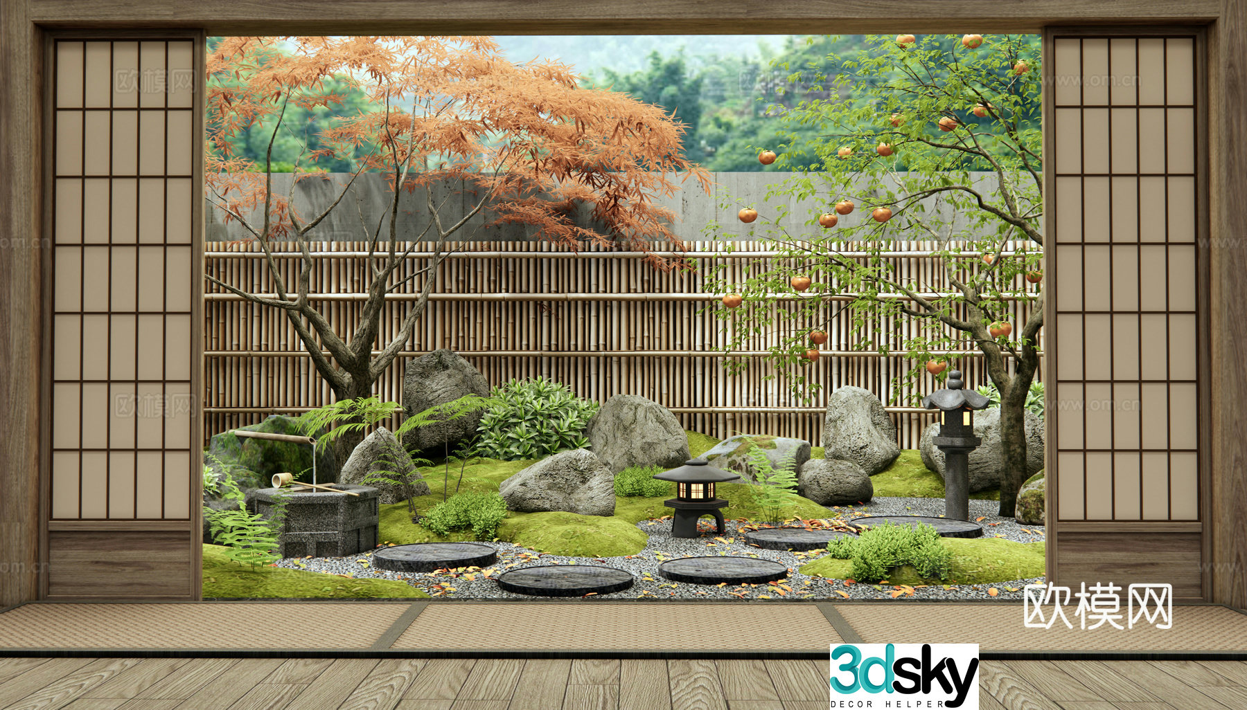 Japanese Zen courtyard landscape Tingbu Landscape Stones Dead Landscape Plant Landscape Red Maple 3D Model