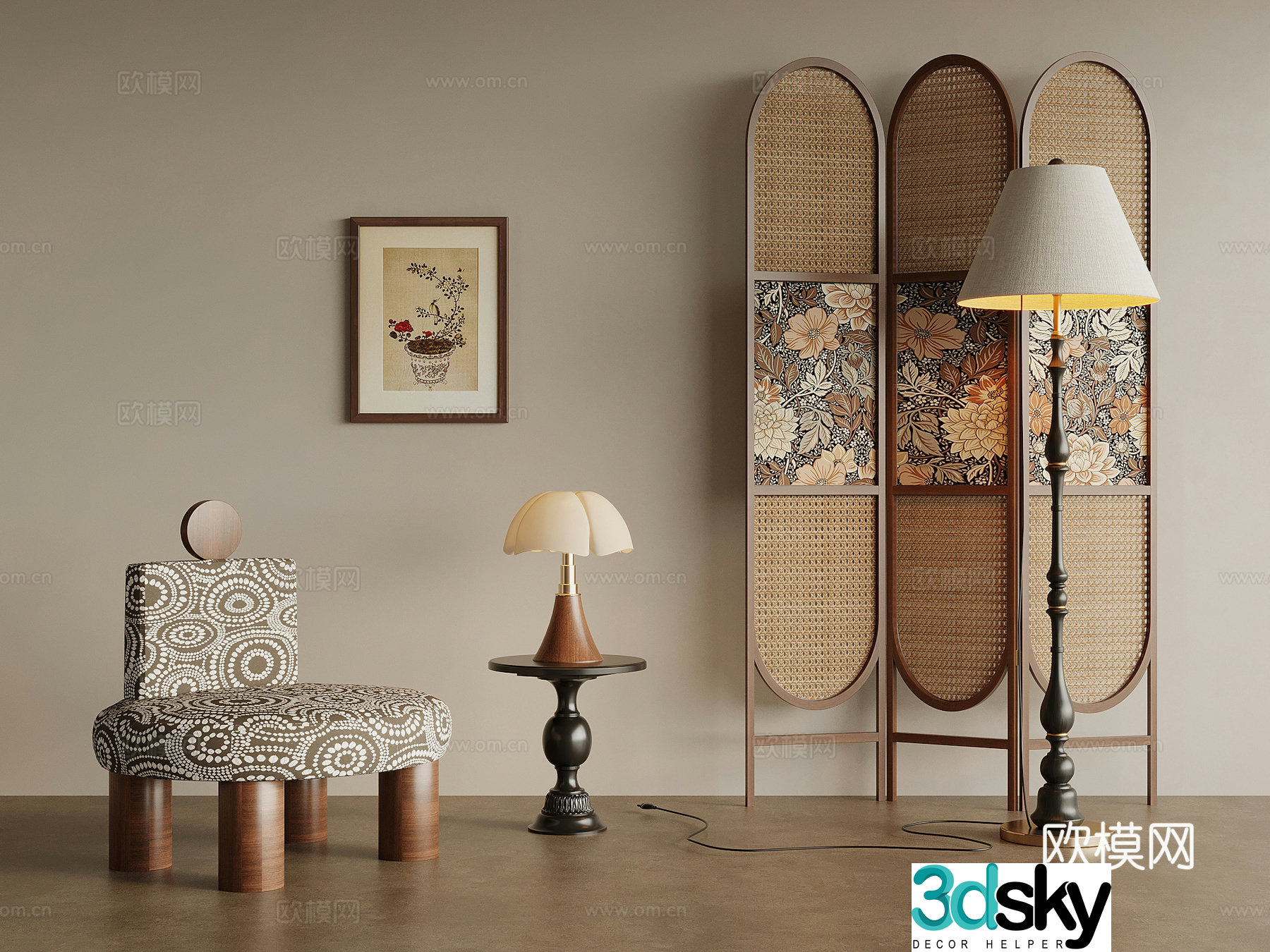 Medium style leisure chair side table screen partition floor lamp hanging painting 3D model