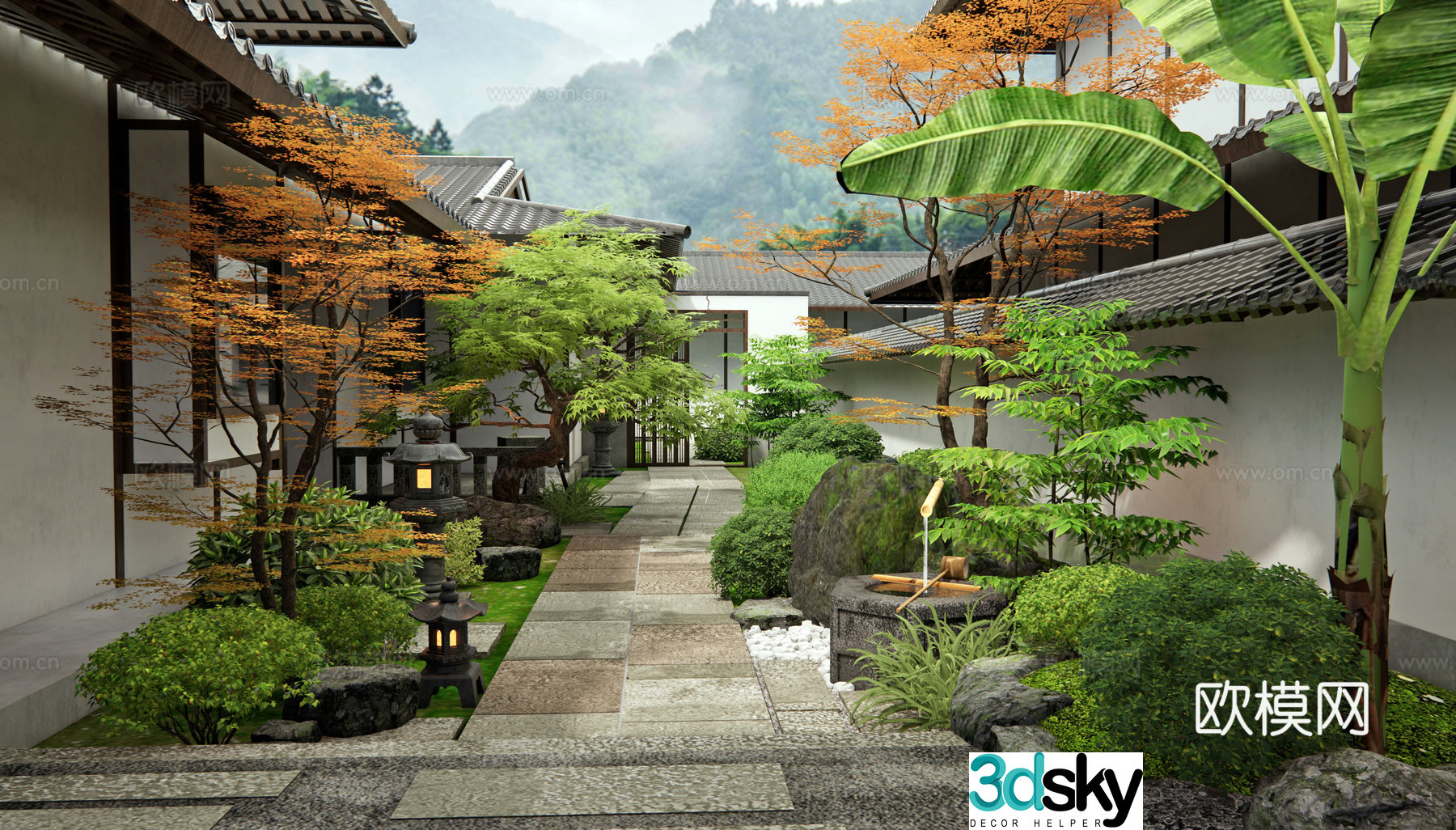 Japanese style courtyard landscape stone road shrub plant combination waterscape water bowl landscape tree 3d model