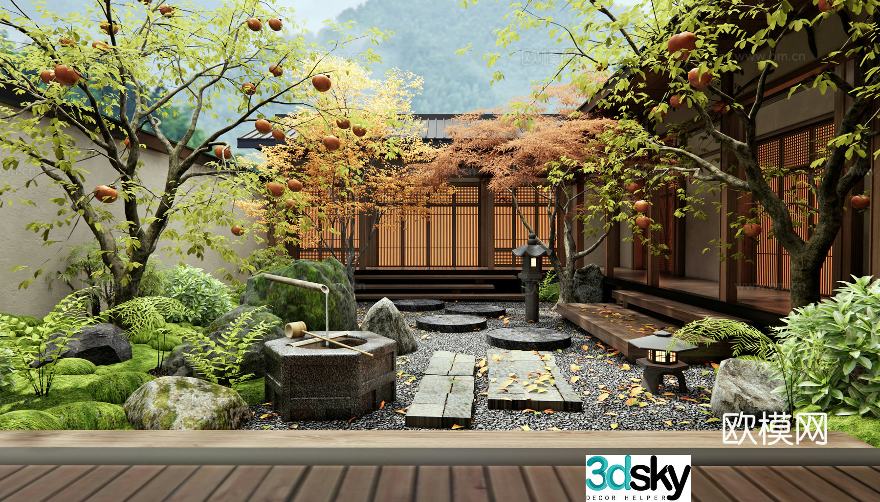 New Chinese Zen courtyard landscape Persimmon tree Dead landscape stone slab step waterscape plant combination 3D model