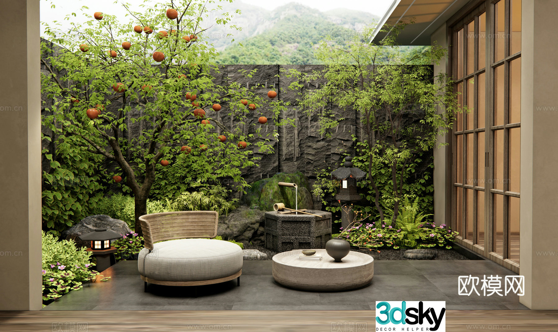 Japanese garden garden persimmon tree waterscape plant combination stone outdoor sofa 3d model