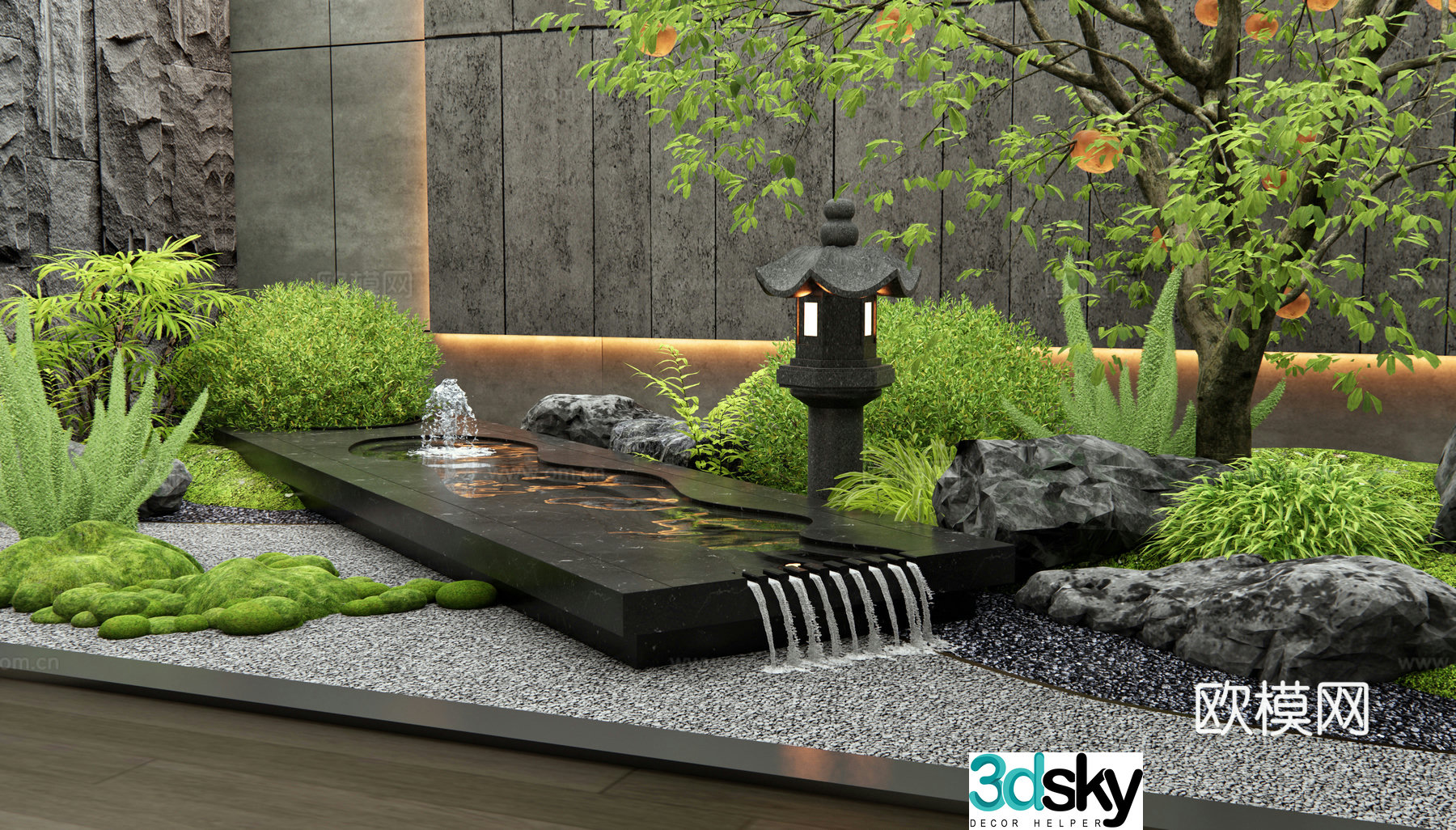 New Chinese waterscape water bowl dry landscape indoor landscape persimmon tree landscape stone 3D model