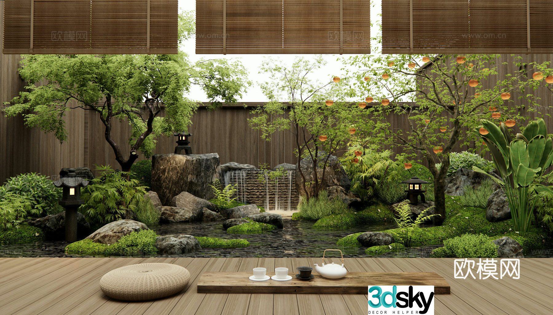 Japanese Zen courtyard landscape dry landscape rockery waterfall landscape plant combination 3D model