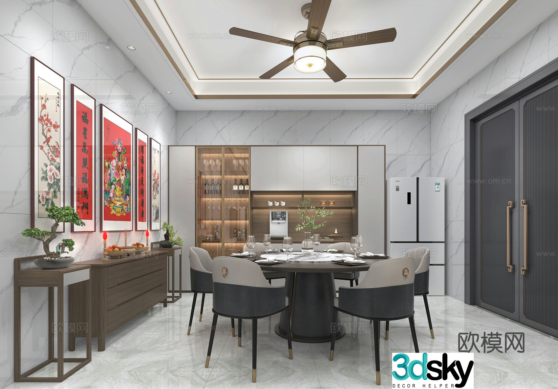 Self-built house dining room dining table dining chair home sideboard 3D model