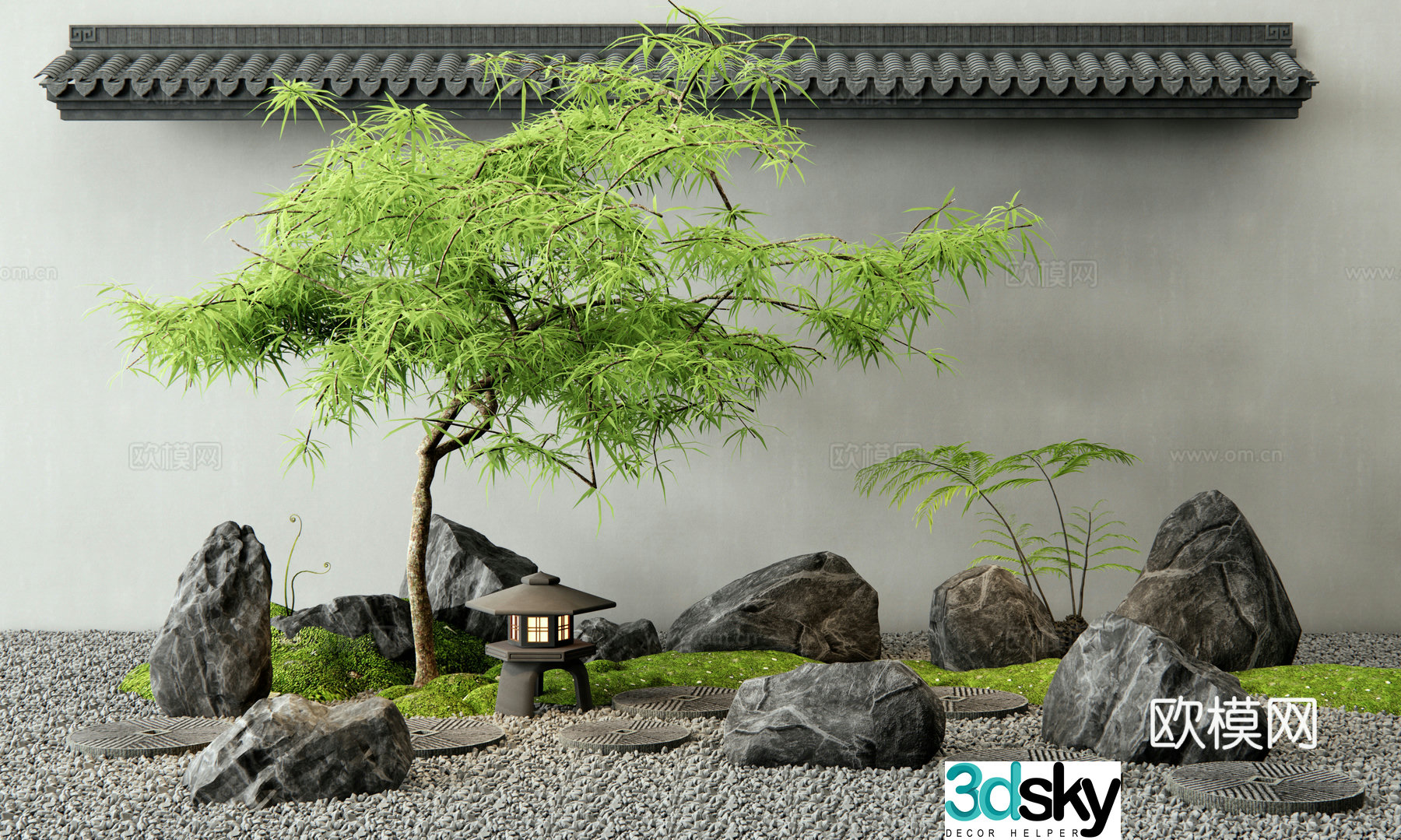 New Chinese landscape stone Tingbu Garden sketch Feather maple landscape tree Dead landscape stone 3d model