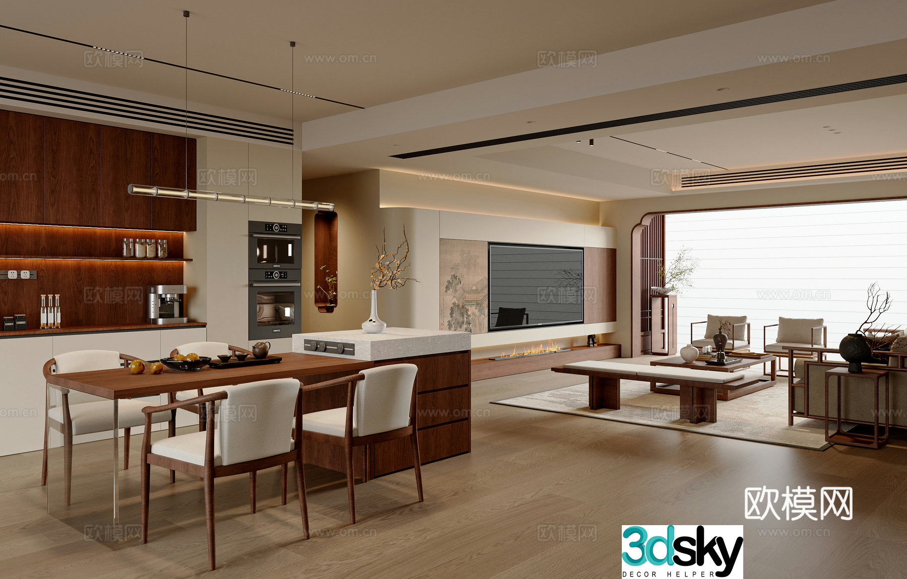 New Chinese style Chinese living and dining room sofa and coffee table combination island stand sideboard TV cabinet leisure chair 3D model