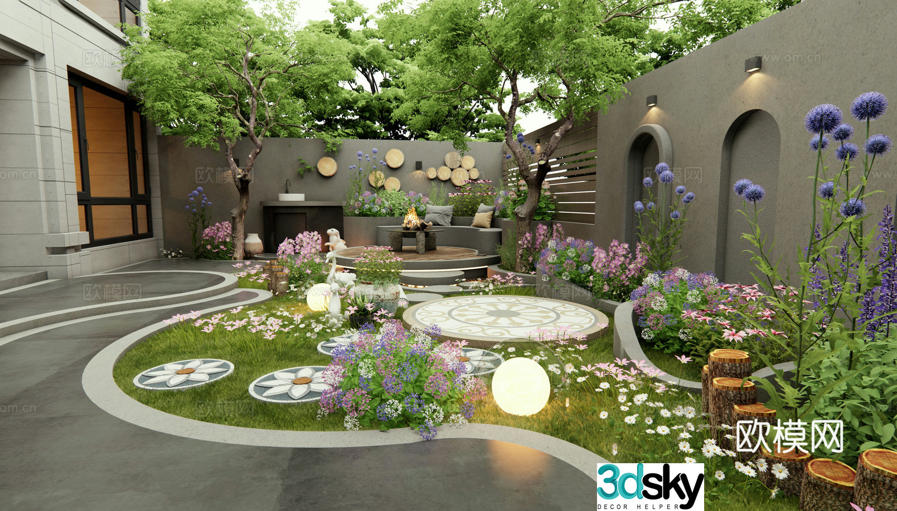 Modern villa courtyard garden arc flower bed flowers and plants plants plant pile shrub landscape seat 3d model